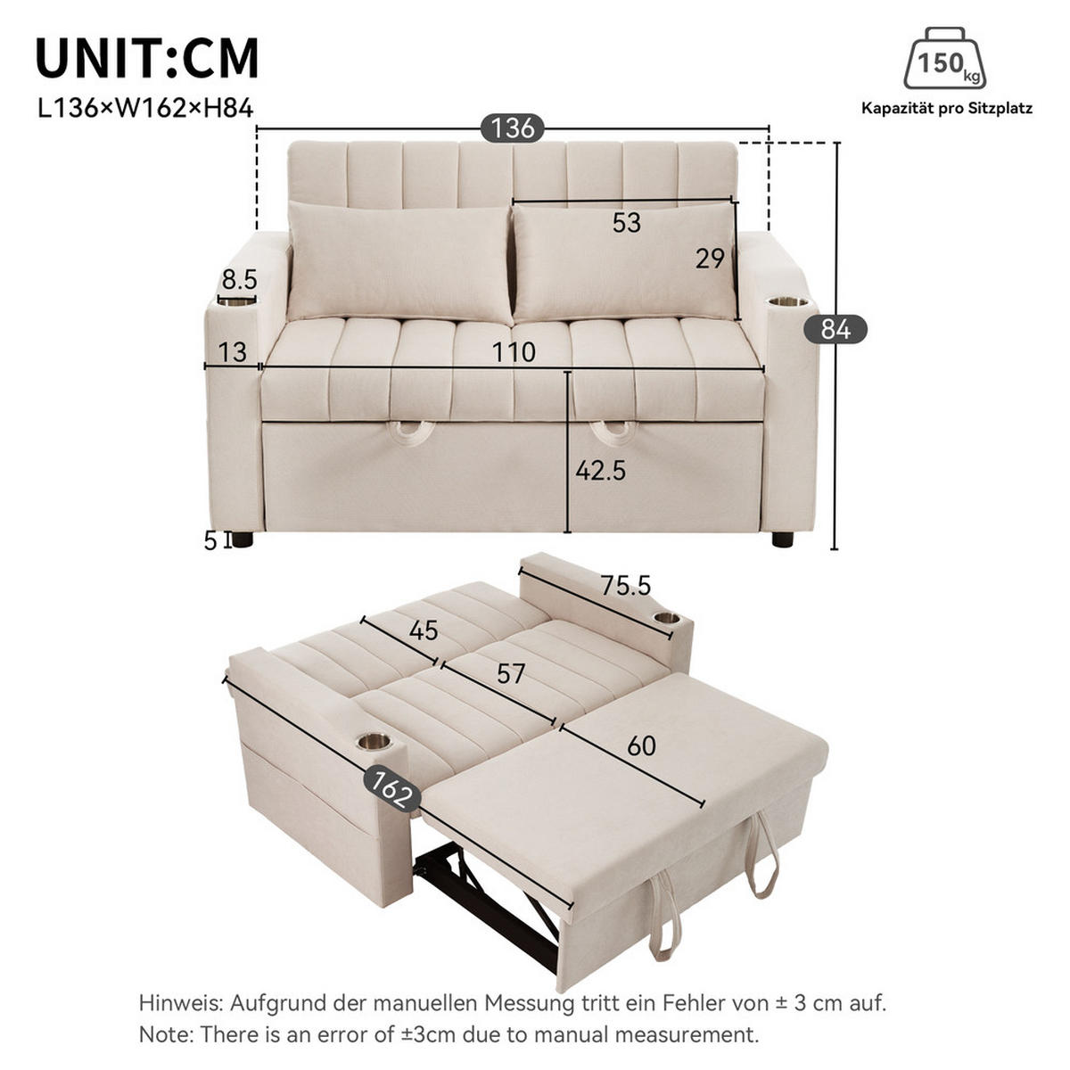 SOFA Multifunktions Modernes Schlafsofa mit verstellbarer Rückenlehne - Beige, Holz (113/84/61cm) - FLIEKS