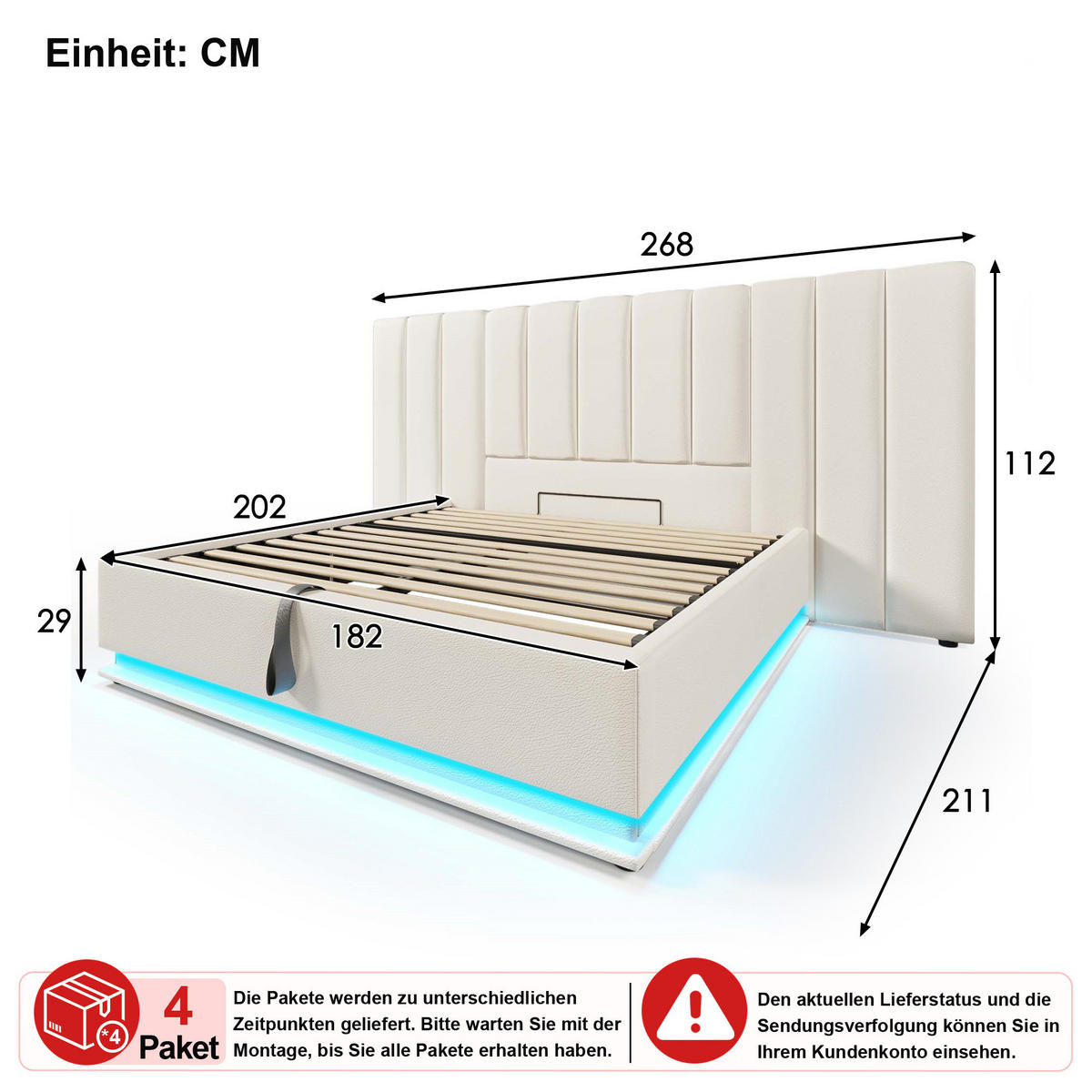 POLSTERBETT 180/200 cm in Weiß mit Bettkasten, LED und USB, PU - Weiß, Holzwerkstoff/Textil (180/200cm) - CHICFURN