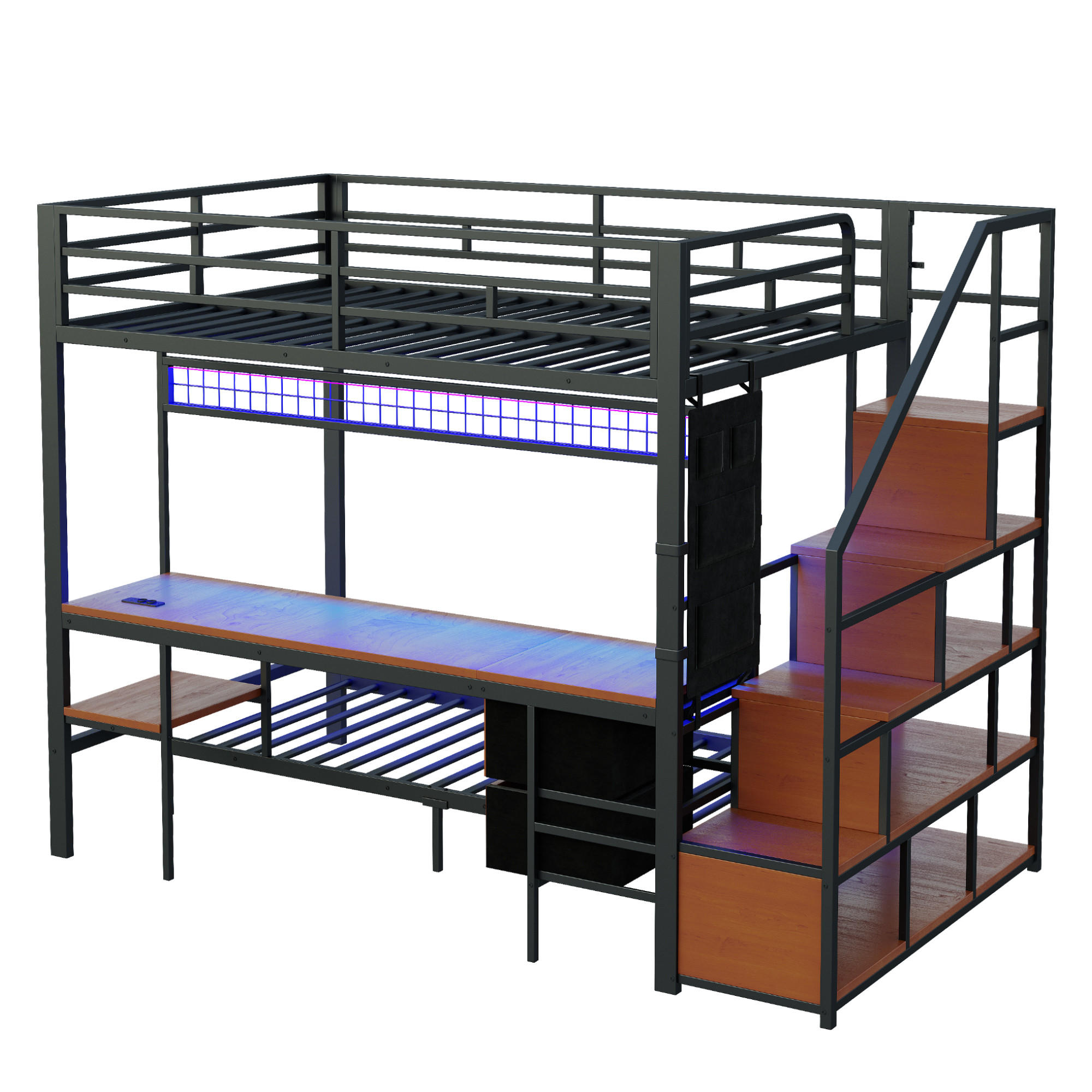 ETAGENBETT 140/200 cm DE-01501, in Schwarz, mit Schreibtisch, LED und Steckdosen - Schwarz, Metall (140/200cm) - ComfortXL