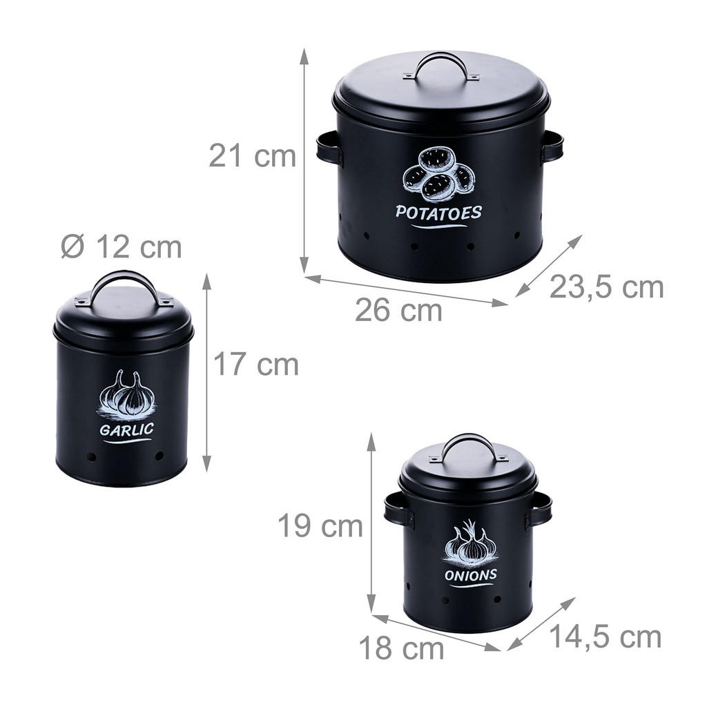 Thumbnail - Relaxdays 3Xkartoffel-Aufbewahrungsbox, Schwarz, Metall, Rund, Küchenzubehör, Vorratsbehälter, Vorratsdosen Sets