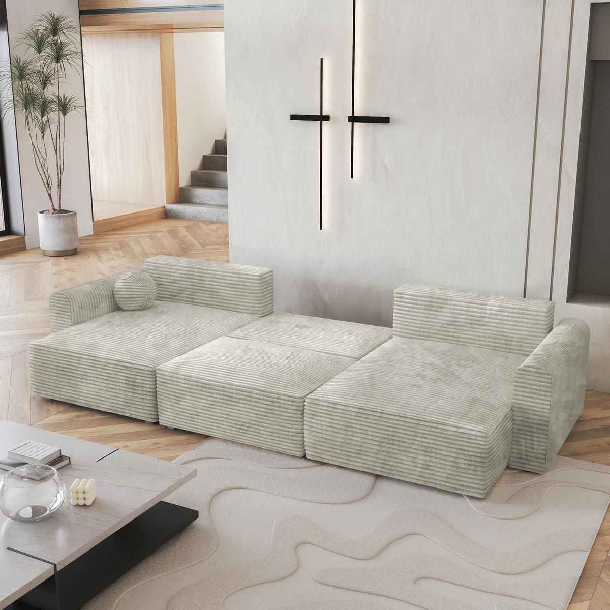 WOHNLANDSCHAFT FENTO Hellgrau Kordstoff mit Schlaffunktion - Hellgrau, Holz (347/90/148cm) - MASSENO