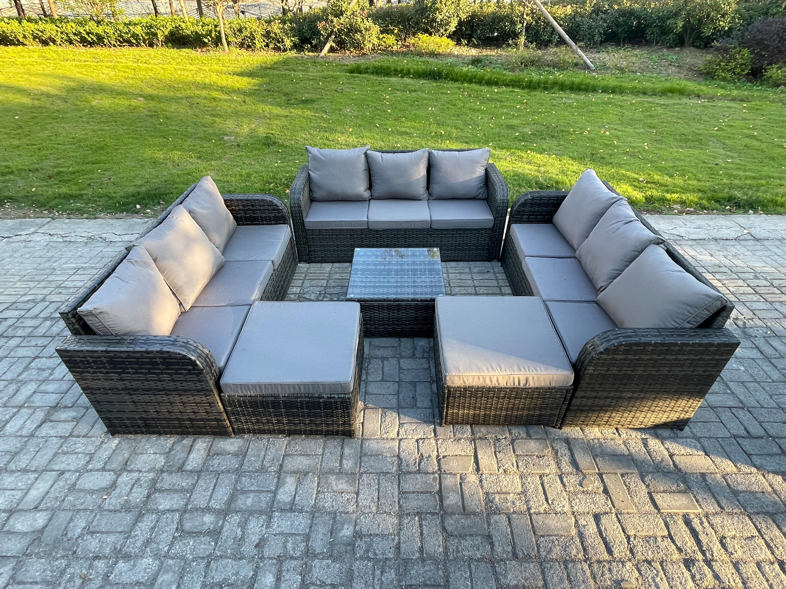 GARTENMÖBEL SET mit 3-SITZER SOFA Polyrattan Dunkelgrau 11-Sitzer - Dunkelgrau/Grau, Glas/Kunststoff - Fimous