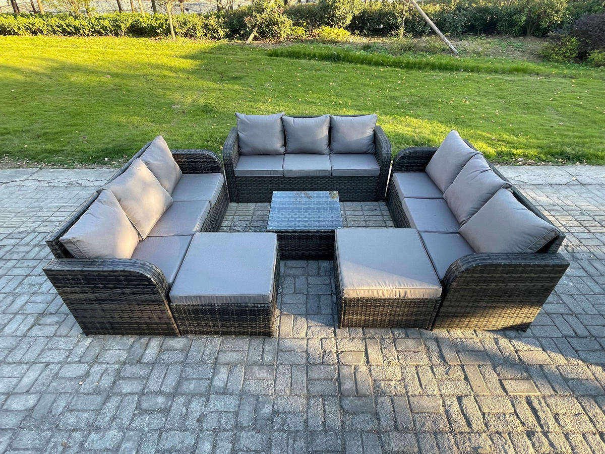 GARTENMÖBEL SET mit 3-SITZER SOFA Polyrattan Dunkelgrau 11-Sitzer - Dunkelgrau/Grau, Glas/Kunststoff - Fimous