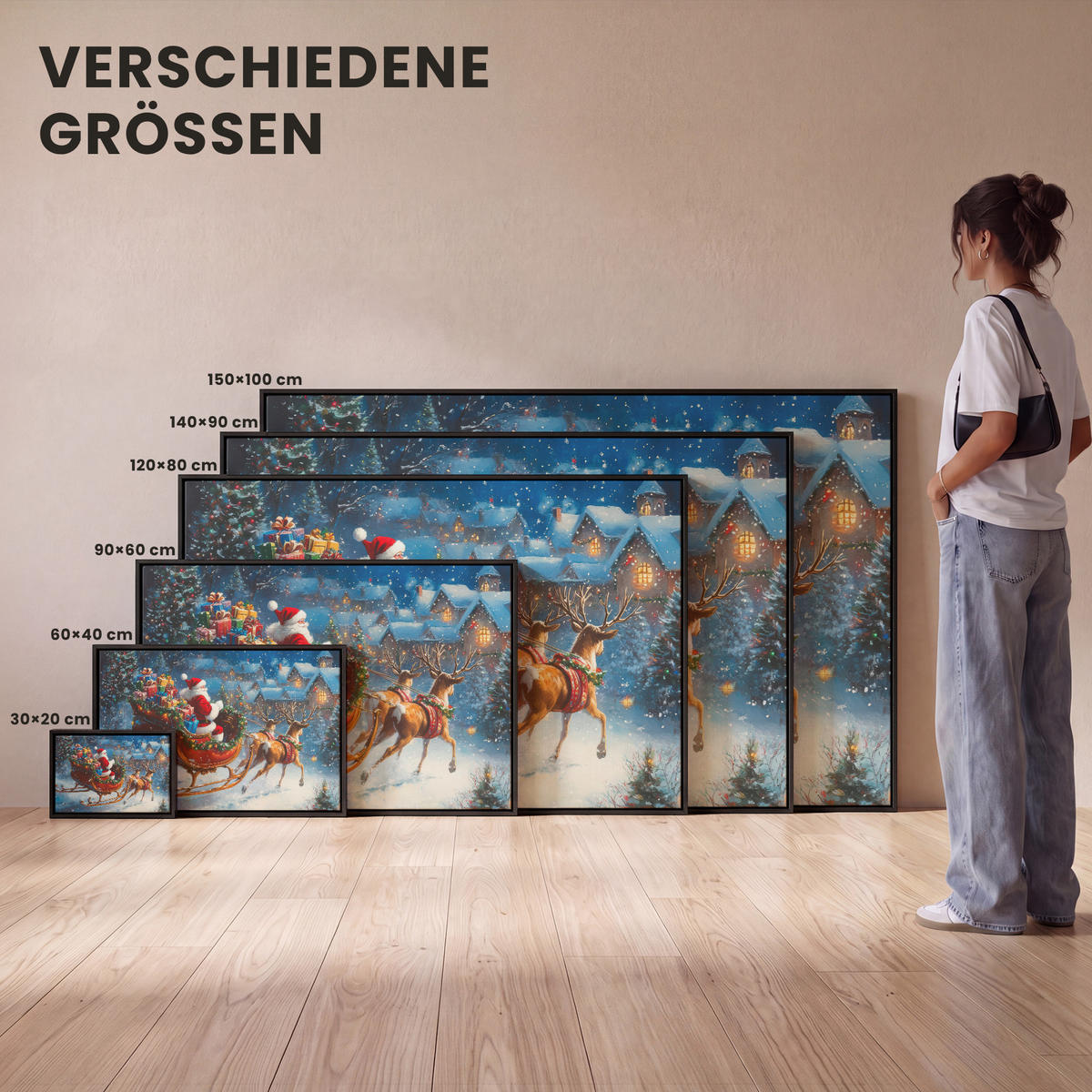 LEINWAND Bilder mit Rahmen - Weihnachtsmann - Rentier - Weihnachten - Schnee - 150x100 - Cognac, Textil (150/100cm) - MuchoWow
