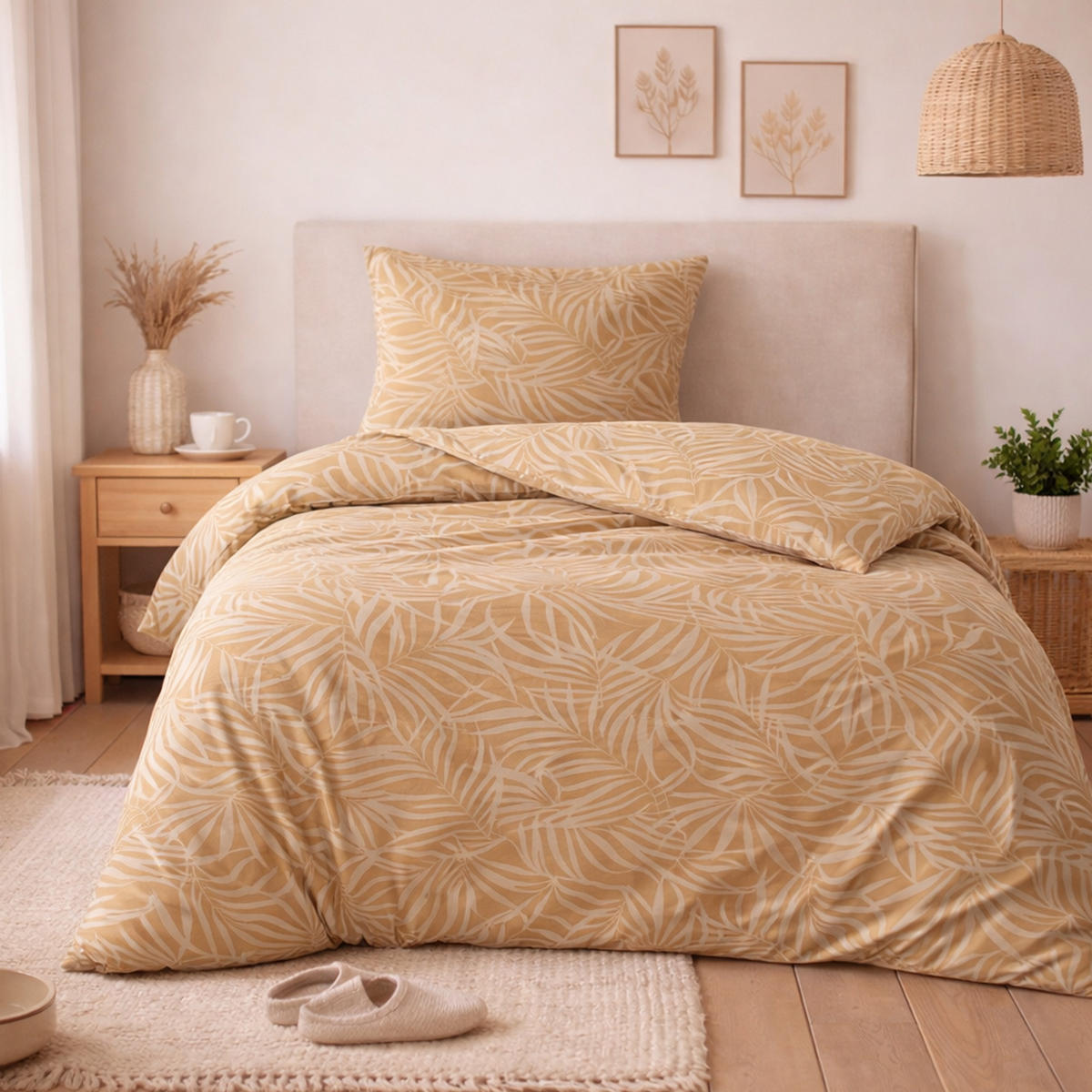 BETTWÄSCHE Byrklund 2-teilig 135x200/80x80cm Sunny Palms Yellow - Currygelb, Naturmaterialien (135/200cm)