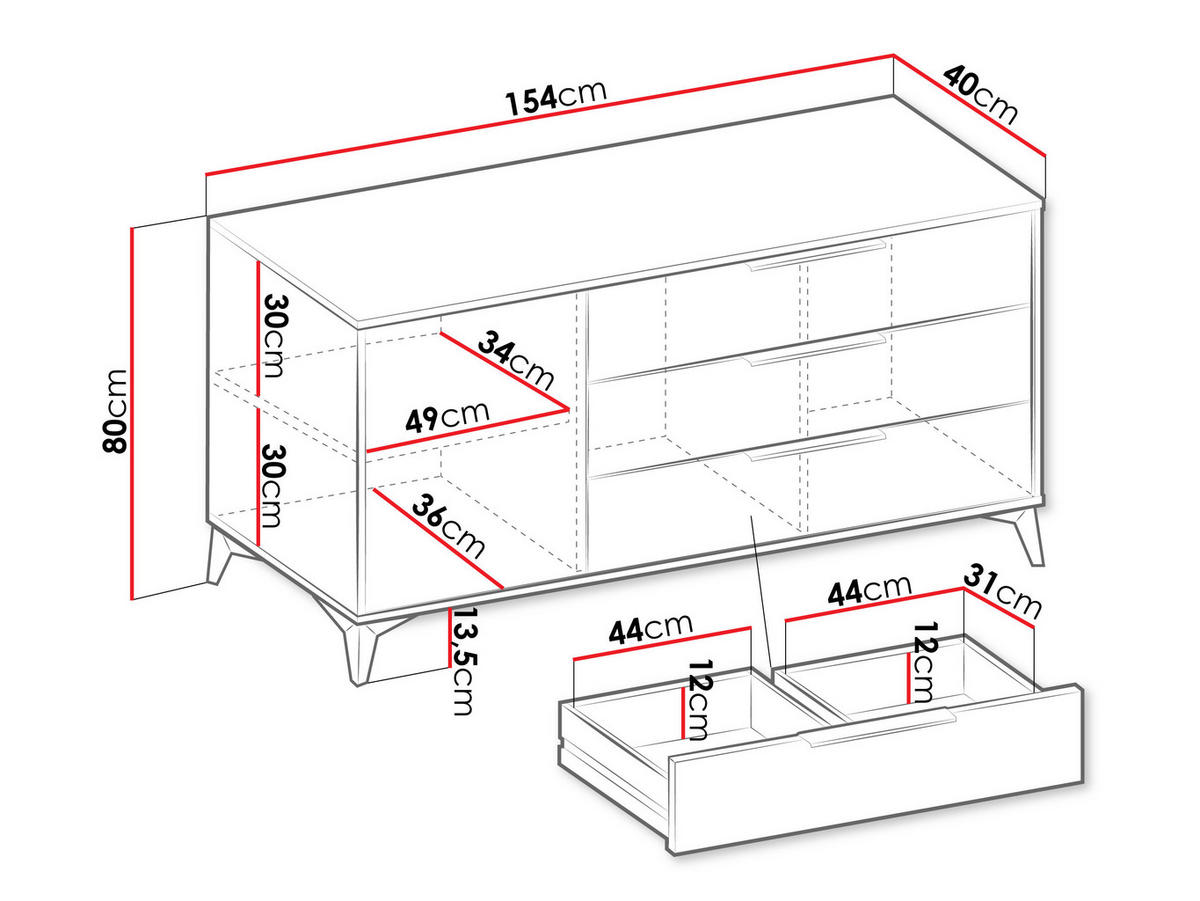 KOMMODE Xylix Bis 1D3SZ - Nussbaumfarben/Schwarz, Holzwerkstoff/Metall (154/80/40cm) - MIRJAN24
