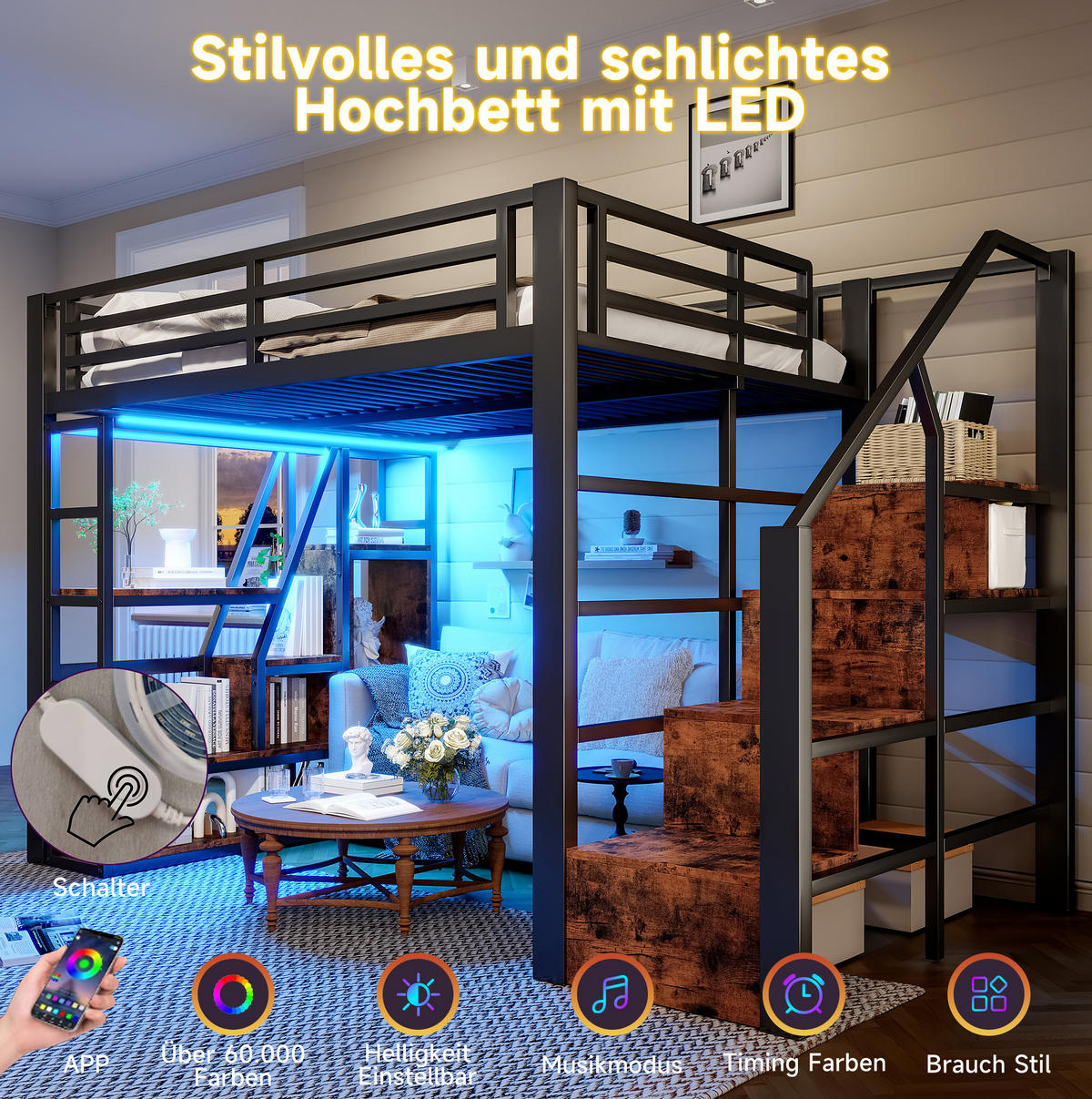 HOCHBETT 140/200 cm, Schwarz mit LED-Lichtleiste, ohne Matratze - Schwarz, Metall (140/200cm) - MIVRAY