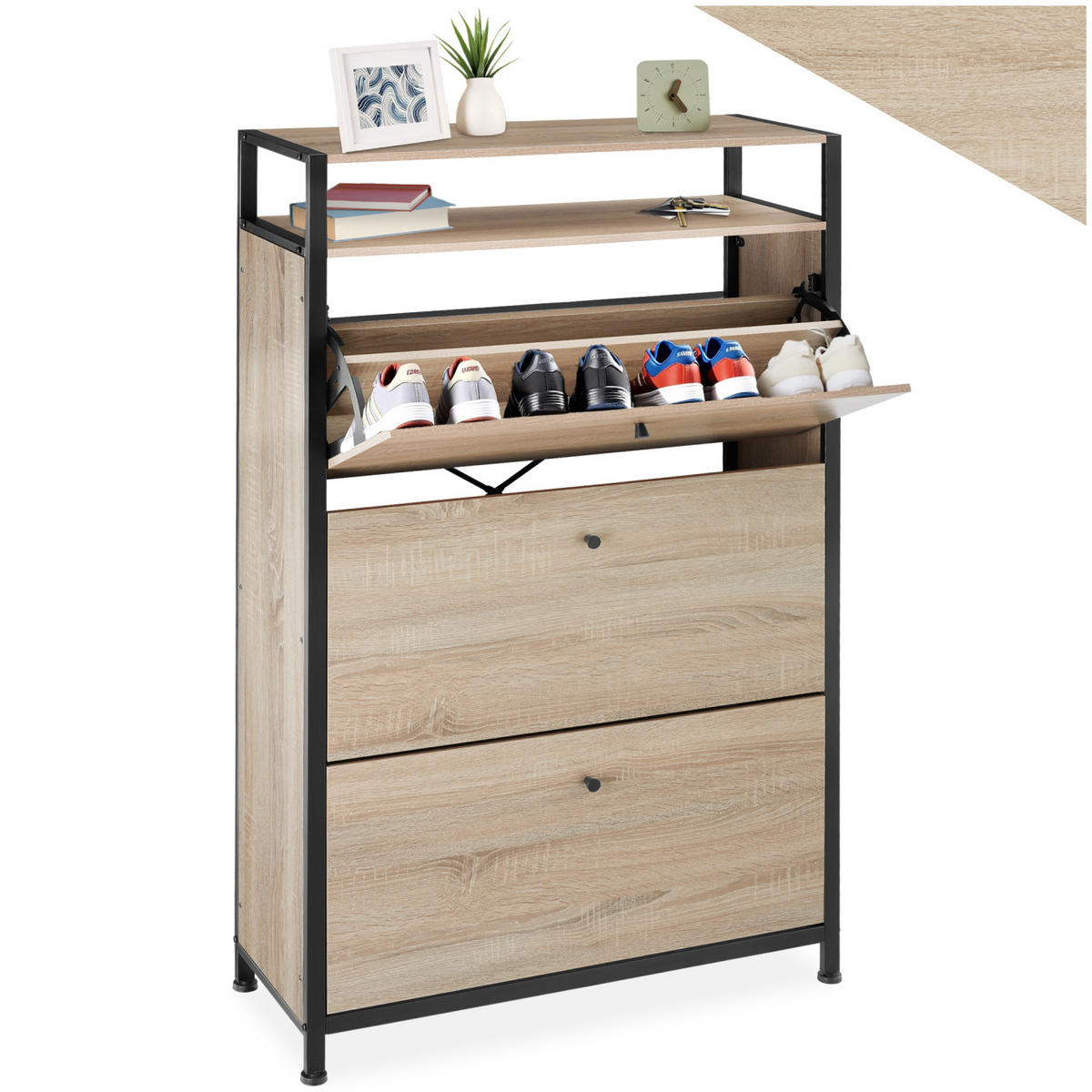 SCHUHSCHRANK Buffalo,inklusive Kippschutz, 81 x 32 x 130 cm,Industrial Holz hell, Eiche Sonoma - Naturfarben, Holzwerkstoff (32/130/81cm) - tectake