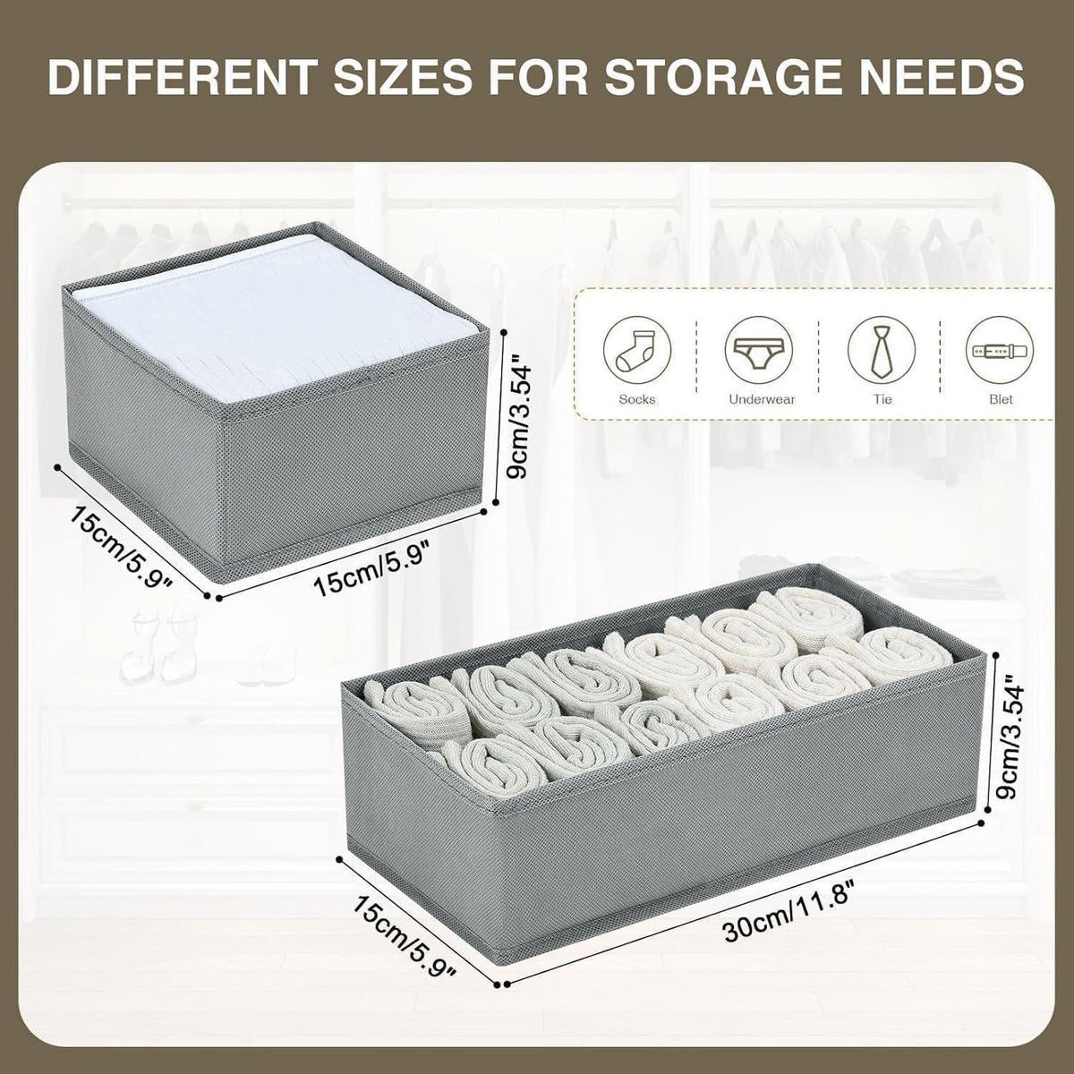 SCHUBLADEN Organizer für Kleiderschrank, 12-teiliges Set Grau - Grau, Textil (15/9/30cm)