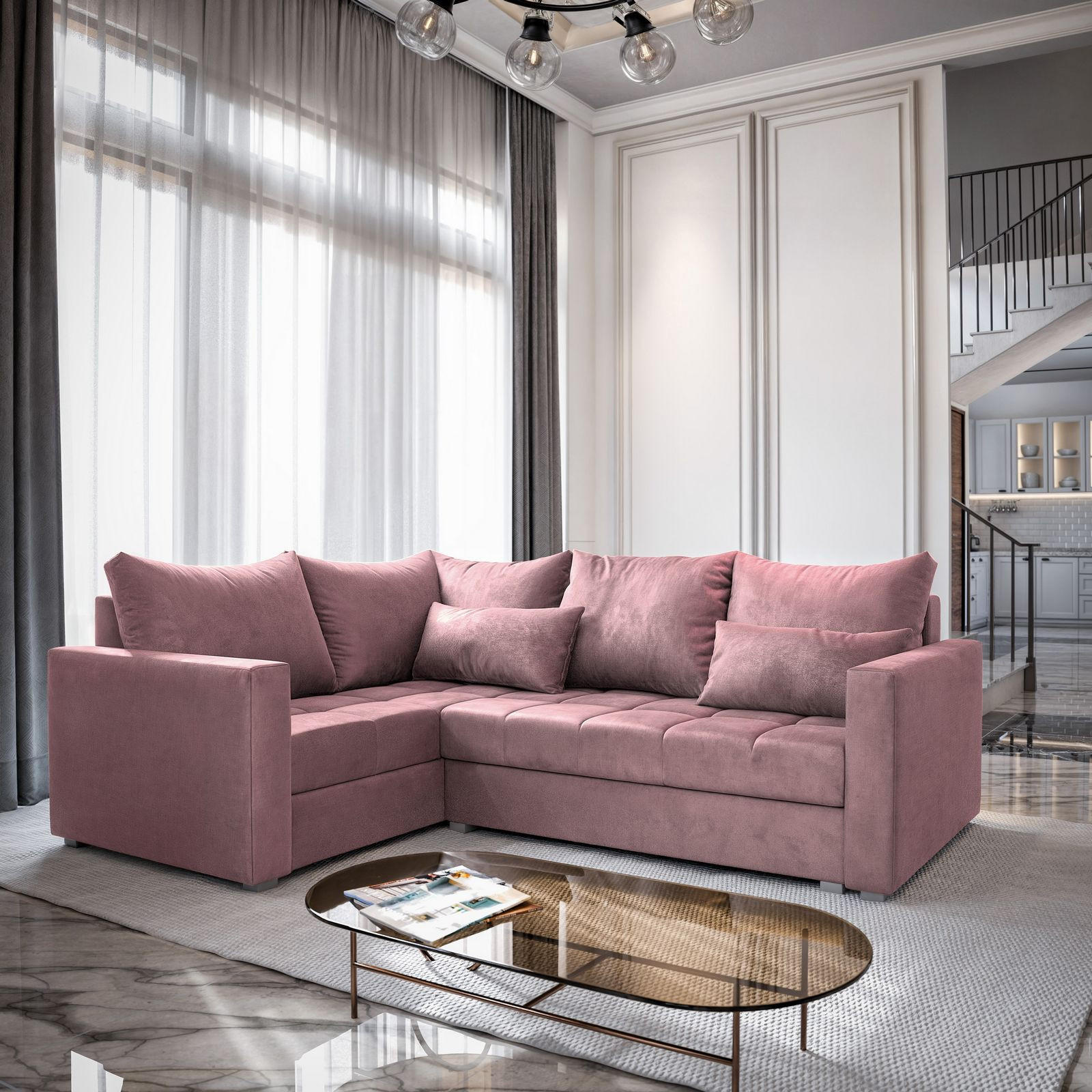 ECKSOFA LIRENO L-S Rosa Plüsch-Stoff mit Schlaffunktion - Rosa, Holz (220/153cm) - MASSENO