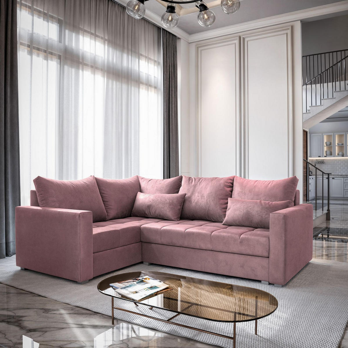 ECKSOFA LIRENO L-S Rosa Plüsch-Stoff mit Schlaffunktion - Rosa, Holz (220/153cm) - MASSENO