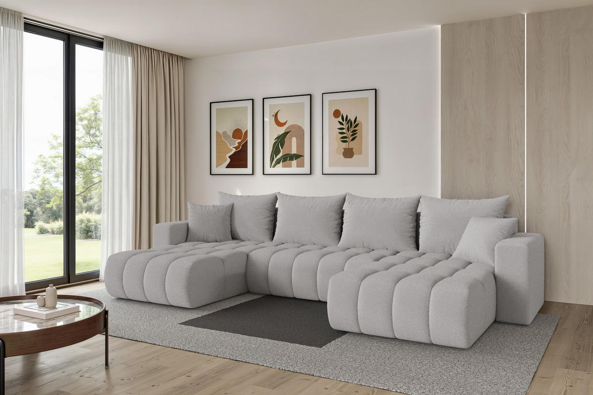 SEDACÍ SOUPRAVA DO U s funkcí spaní a úložným prostorem MILA-U-v1 378x194x86 světle šedá bouclé - černá/stříbrná, kompozitní dřevo/textil (378/86/194cm) - ALTDECOR