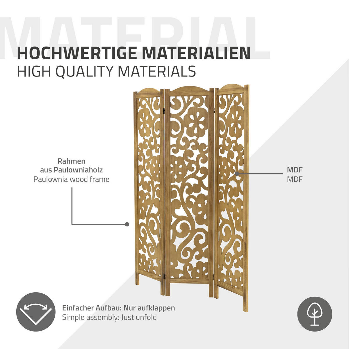 PARAVENT 3 teilig Yokohama 170x121 cm Natur aus Holz - Schwarz, Holz (121/172/2cm) - ML-DESIGN