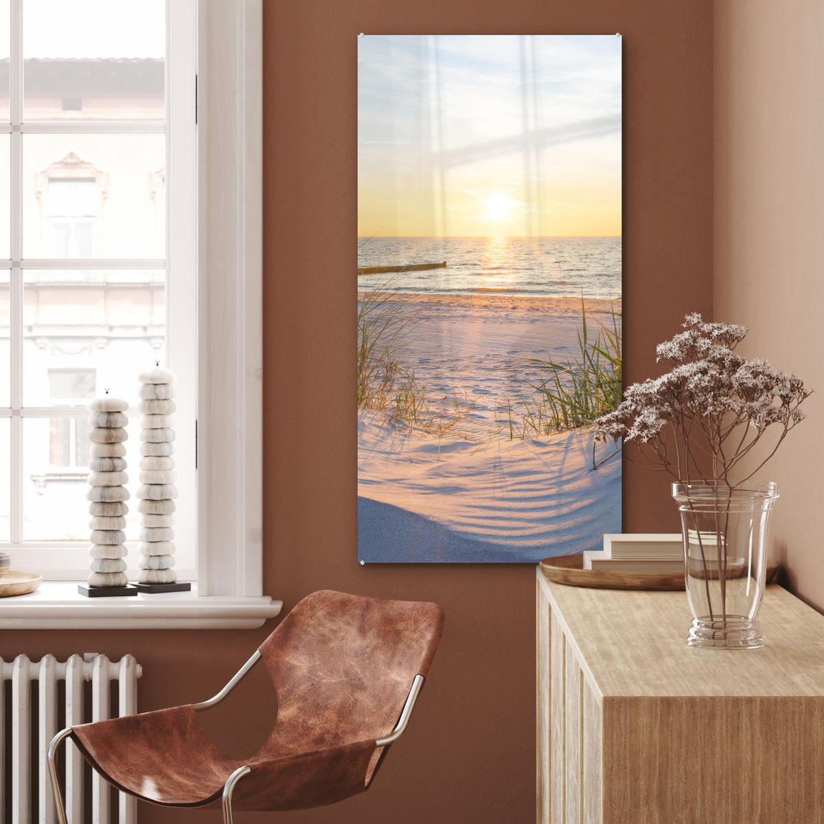 OBRAZ NA AKRYLOVOM SKLE Pláž - Slnko - Duny - Tráva - Piesok - Horizont 60x120 cm - svetlomodrá, sklo (60/120cm) - MuchoWow
