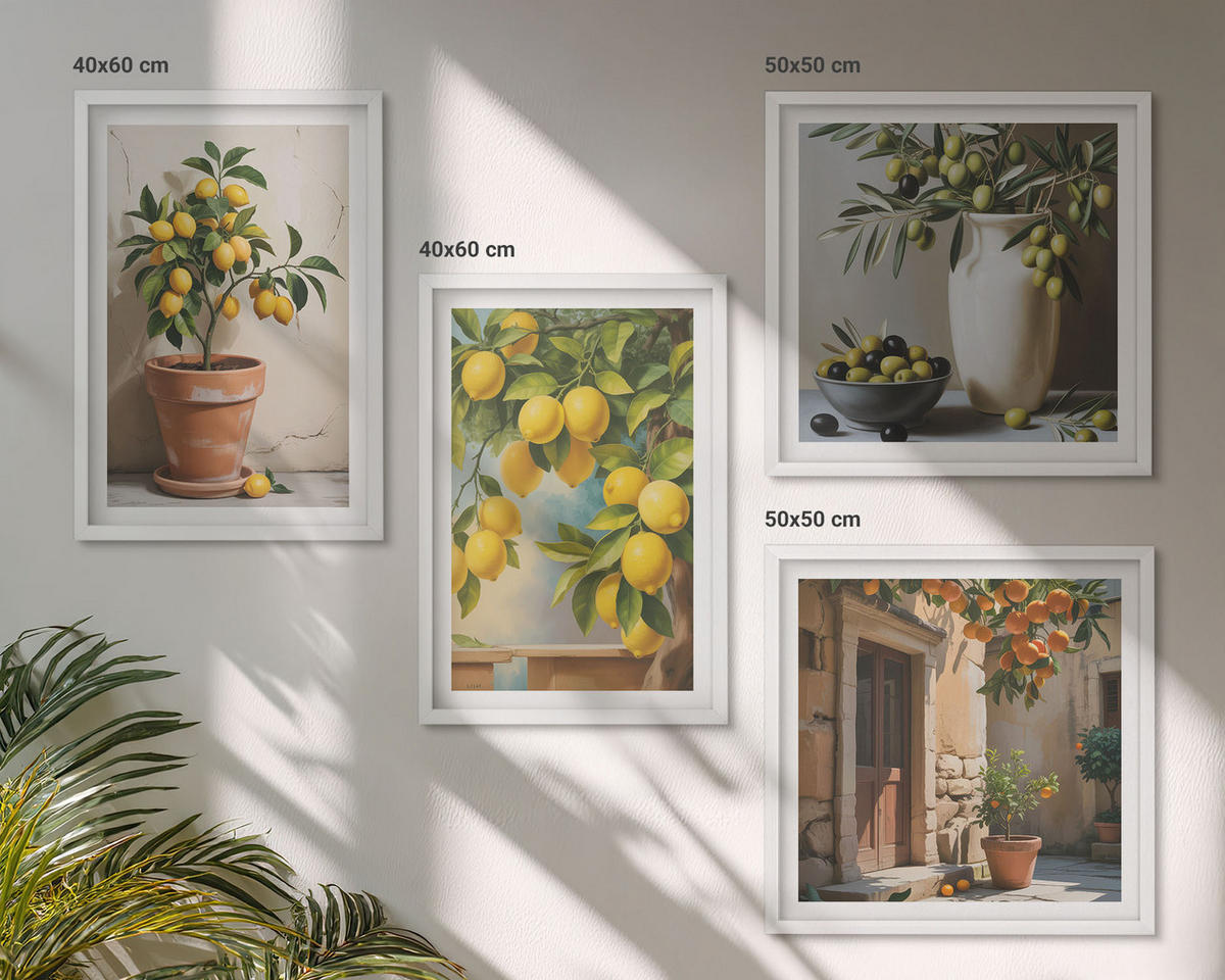 BILDER SET 4er Set - 50x50 cm & 40x60 cm Weißer Rahmen - Zitronenbäume im Topf - Weiß, Kunststoff (50/50cm) - TULUP