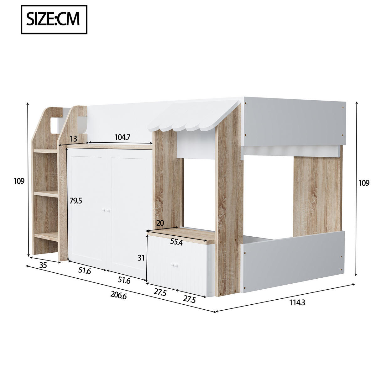 HOCHBETT 90/200 cm Weiß/Natur aus Holz mit Hausrahmen und Stauraum - Weiß, Holzwerkstoff (90/200cm) - OKMYHOME