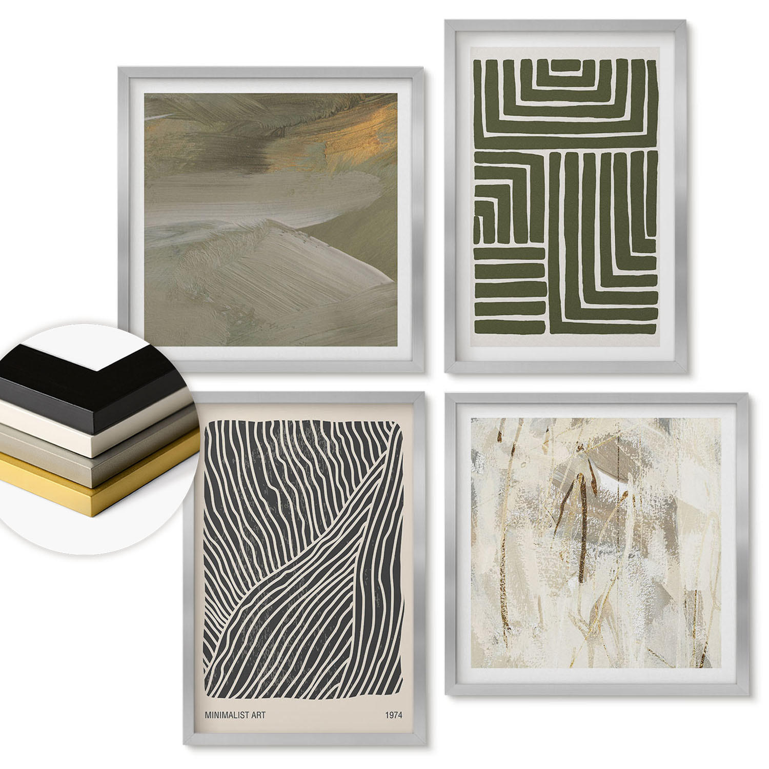 WANDBILDER 4er Set - 50x50 cm & 40x60 cm Silberner Rahmen - Formmuster in Grün - Silberfarben, Kunststoff (50/50cm) - ArtPrintCave