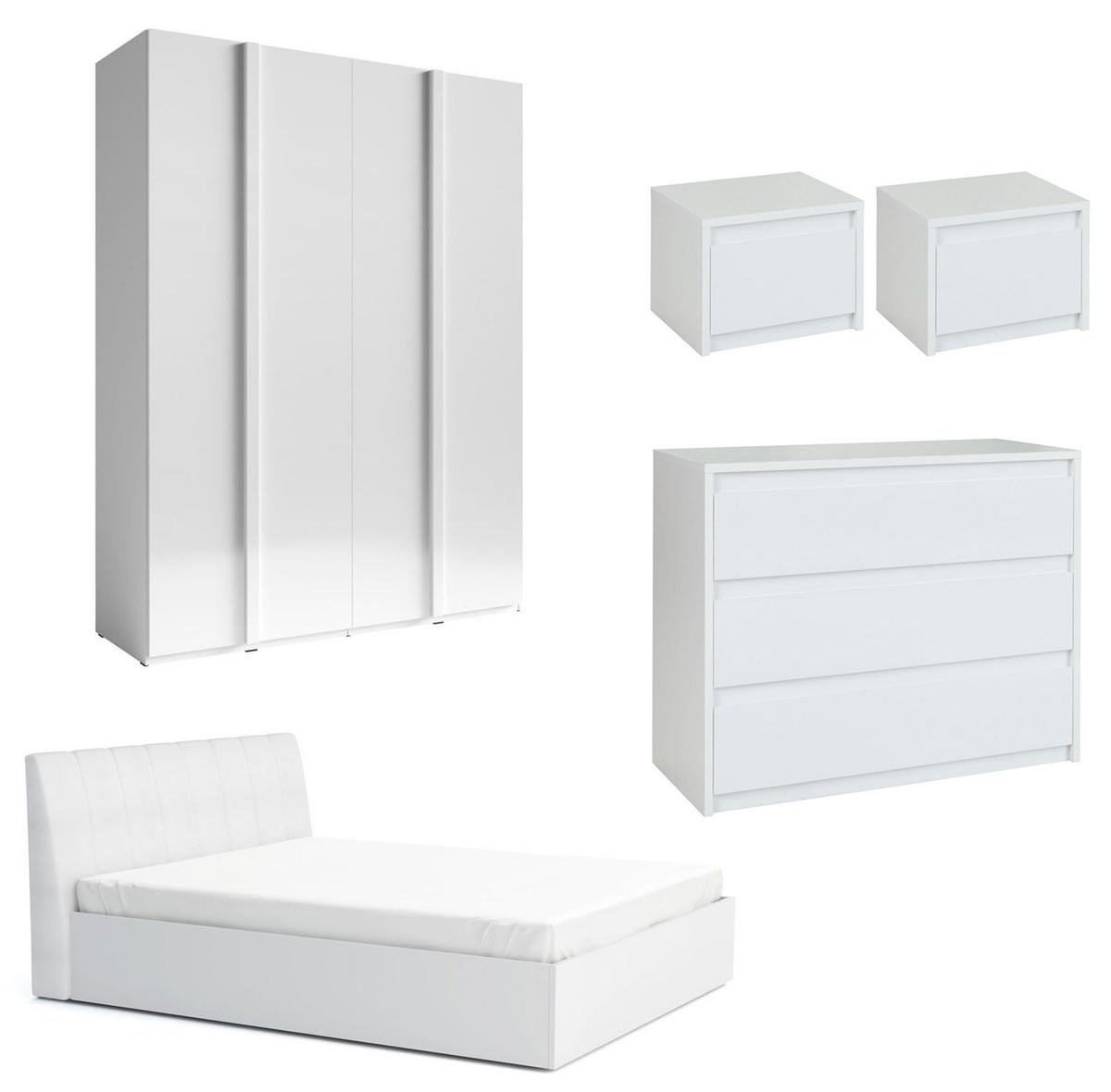 SCHLAFZIMMER-SET Italia Weiß matt / weiß hochglanz 5-teilig - Weiß Hochglanz/Weiß, Holz/Holzwerkstoff (160/200cm) - Feldmann-Wohnen