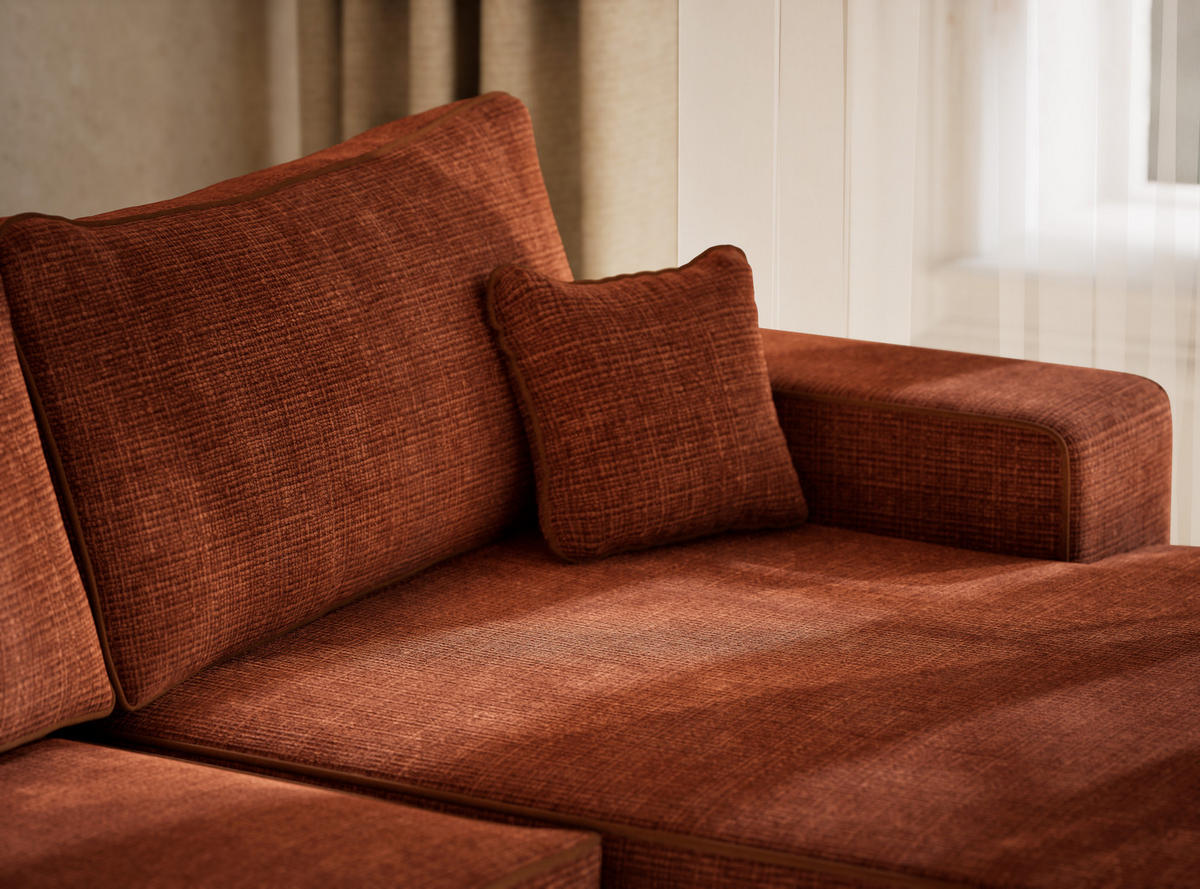 WOHNLANDSCHAFT Deseo Rostfarbe Chenille-Stoff - Rostfarben/Schwarz, Holz/Holzwerkstoff (398/70/148cm) - Maison de Reve