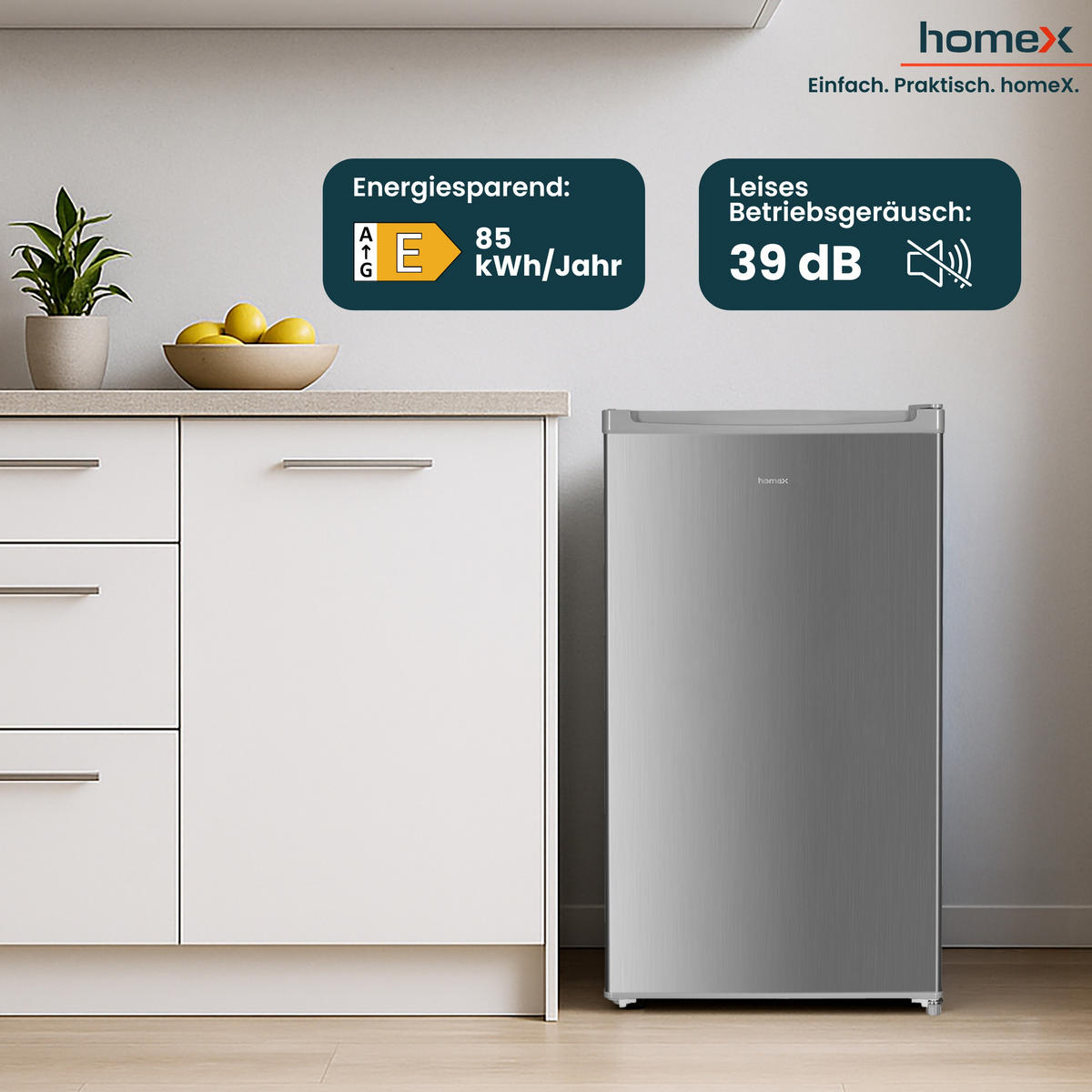 KÜHLSCHRANK, ohne Gefrierfach, Vollraumkühlschrank klein - 88L Nutzinhalt, freistehend und kompakt, leise 39 dB, LED-Innenbeleuchtung - Silberfarben, Kunststoff/Metall (47.5/85/44.5cm) - homeX