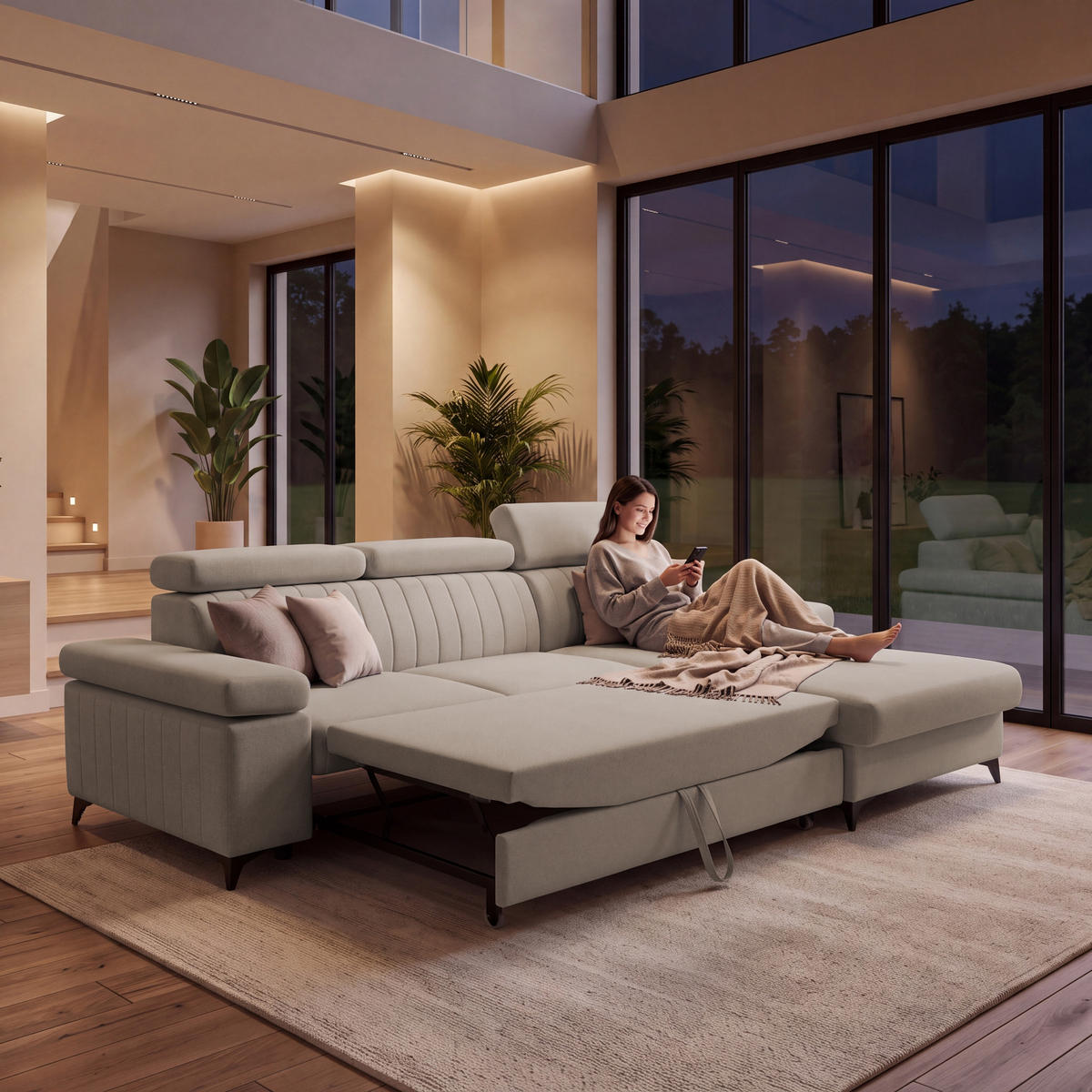ECKSOFA FELIX L Rechts mit Schlaffunktion Velours Beige - Beige/Schwarz, Holz/Textil (176/257cm) - Muffo
