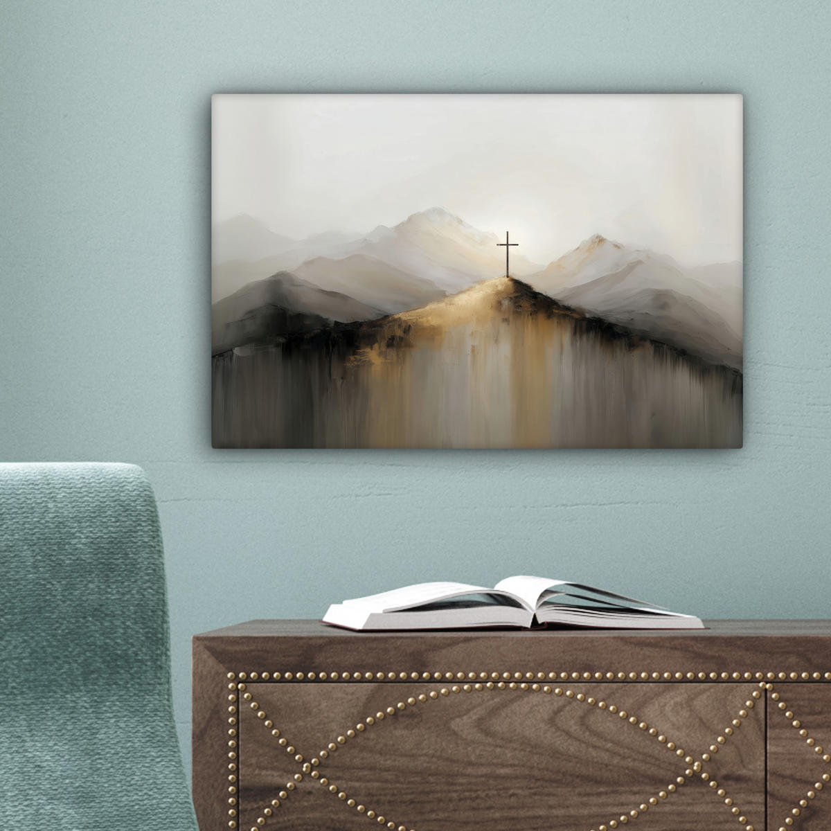 LEINWANDBILD Hügel - Abstrakt - Kreuz - Christentum Deko Schlafzimmer 30x20 cm - Beige, Textil (30/20cm) - MuchoWow