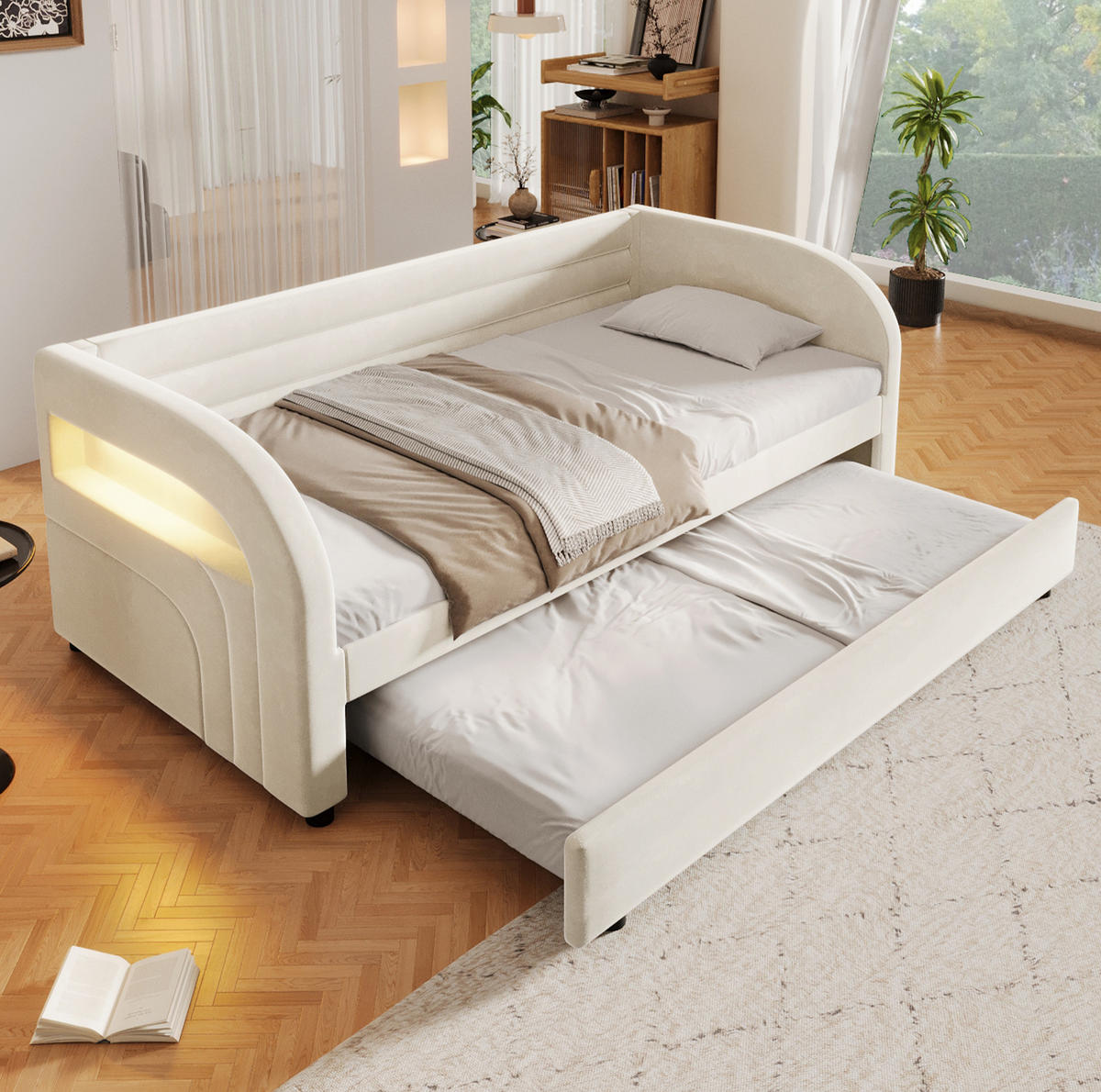 POLSTERBETT 90x200 cm in Beige mit Ausziehbett und LED-Beleuchtung - Beige, Textil (90/200cm) - IVMEU