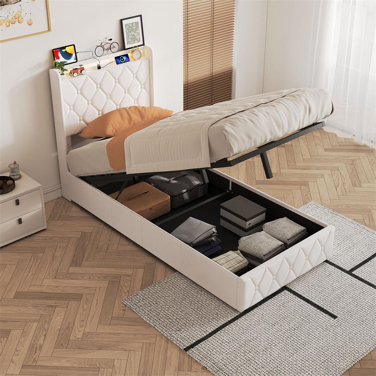 POLSTERBETT 90x200 cm mit hydraulischem Stauraum - Kopfteil Regal & LED - USB - ohne Matratze - Beige - Beige, Textil (90/200cm) - DELFA