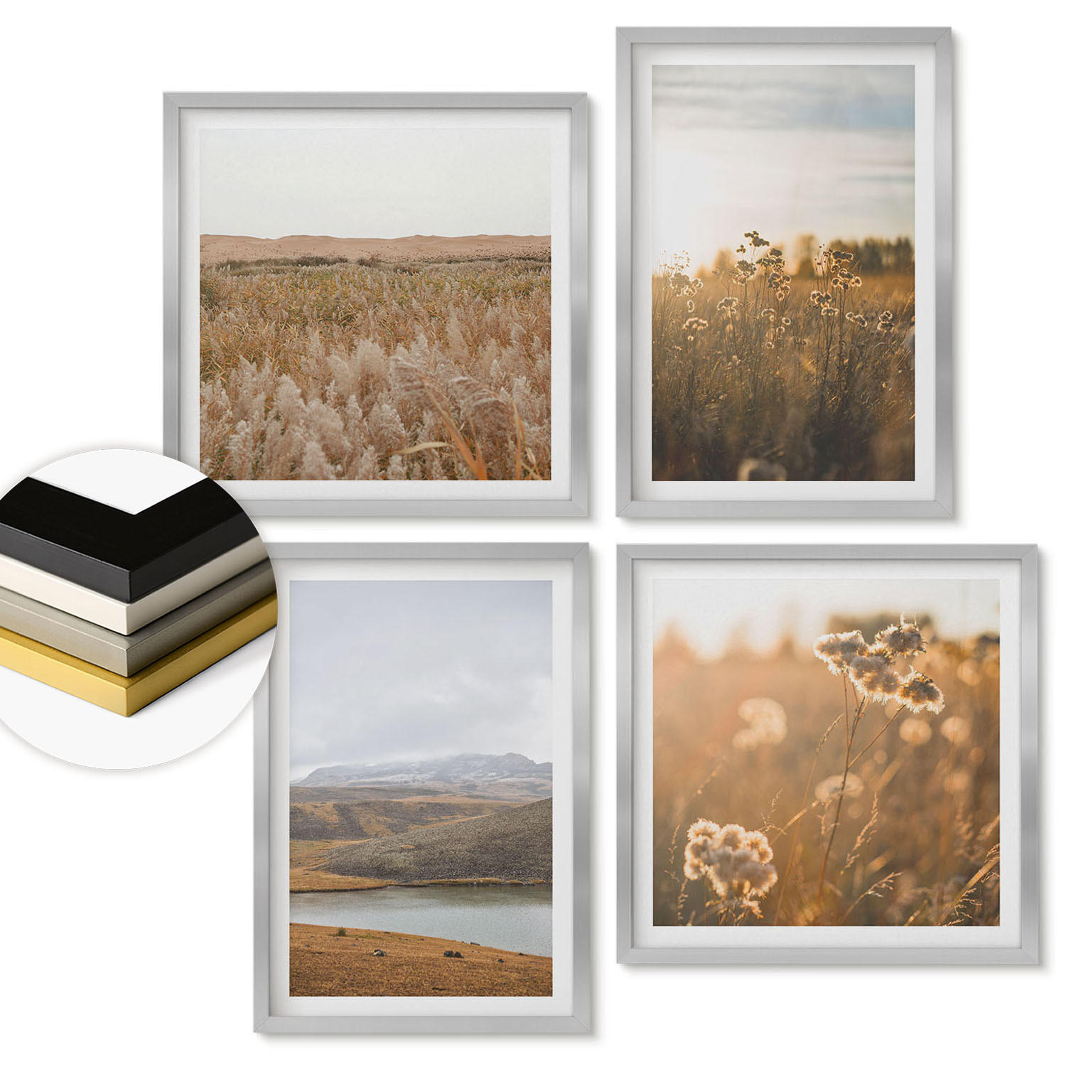 WANDBILDER 4er Set - 50x50 cm & 40x60 cm Silberner Rahmen - Landschaften Wiesen Berge See - Silberfarben, Kunststoff (50/50cm) - ArtPrintCave