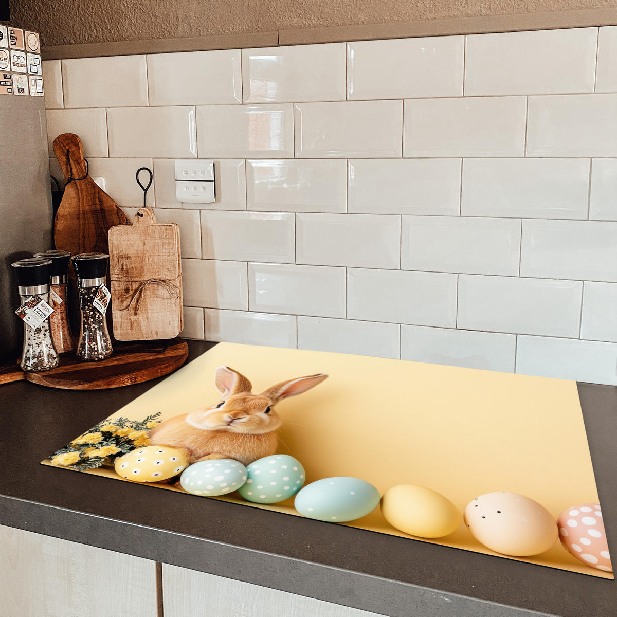 HERDABDECKPLATTE Eier - Kaninchen - Pastellfarbtöne Herdabdeckung Induktionsfeld 75x52 cm - Hellgelb, Kunststoff (75/52/0.2cm) - MuchoWow