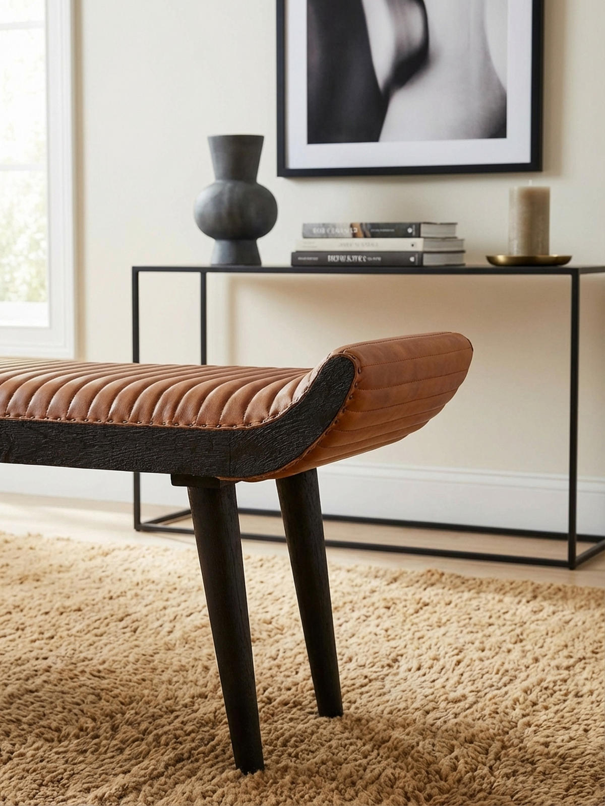SITZBANK – Echtleder, 125x51x38 cm, Nietenrand, Massivholzbeine - Schwarz/Braun, Mangoholz/Leder (125/51/38cm) - KADIMA DESIGN