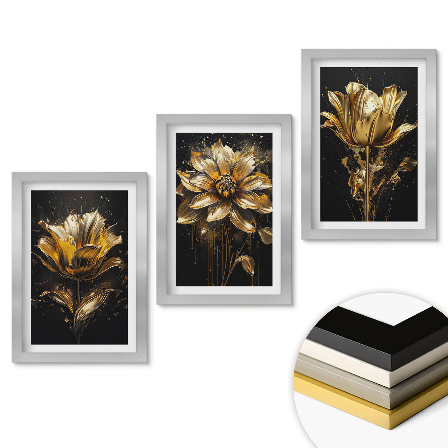 WANDBILDER 3er Set - 20x30 cm Silberner Rahmen - Gelbe Blüten auf dunklem Hintergrund - Silberfarben, Kunststoff (20/30cm) - ArtPrintCave