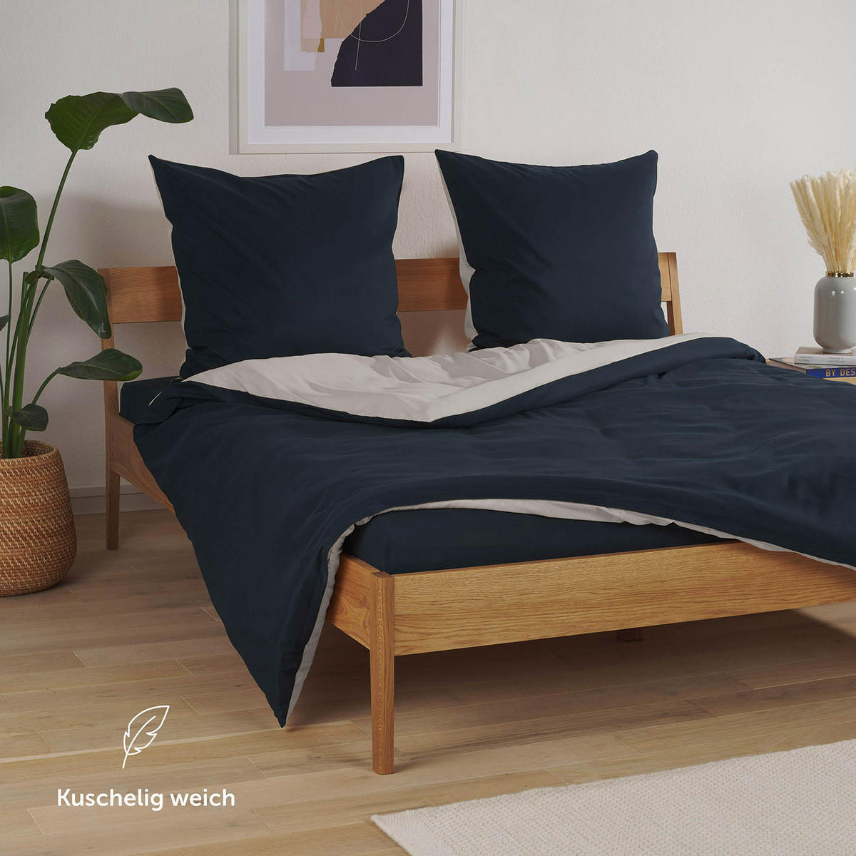 WENDEBETTWÄSCHE Ebba 200/220 cm 2 mal 80/80 cm, Dunkelblau und Hellgrau - Hellgrau/Dunkelblau, Textil (200/220cm) - Blumtal