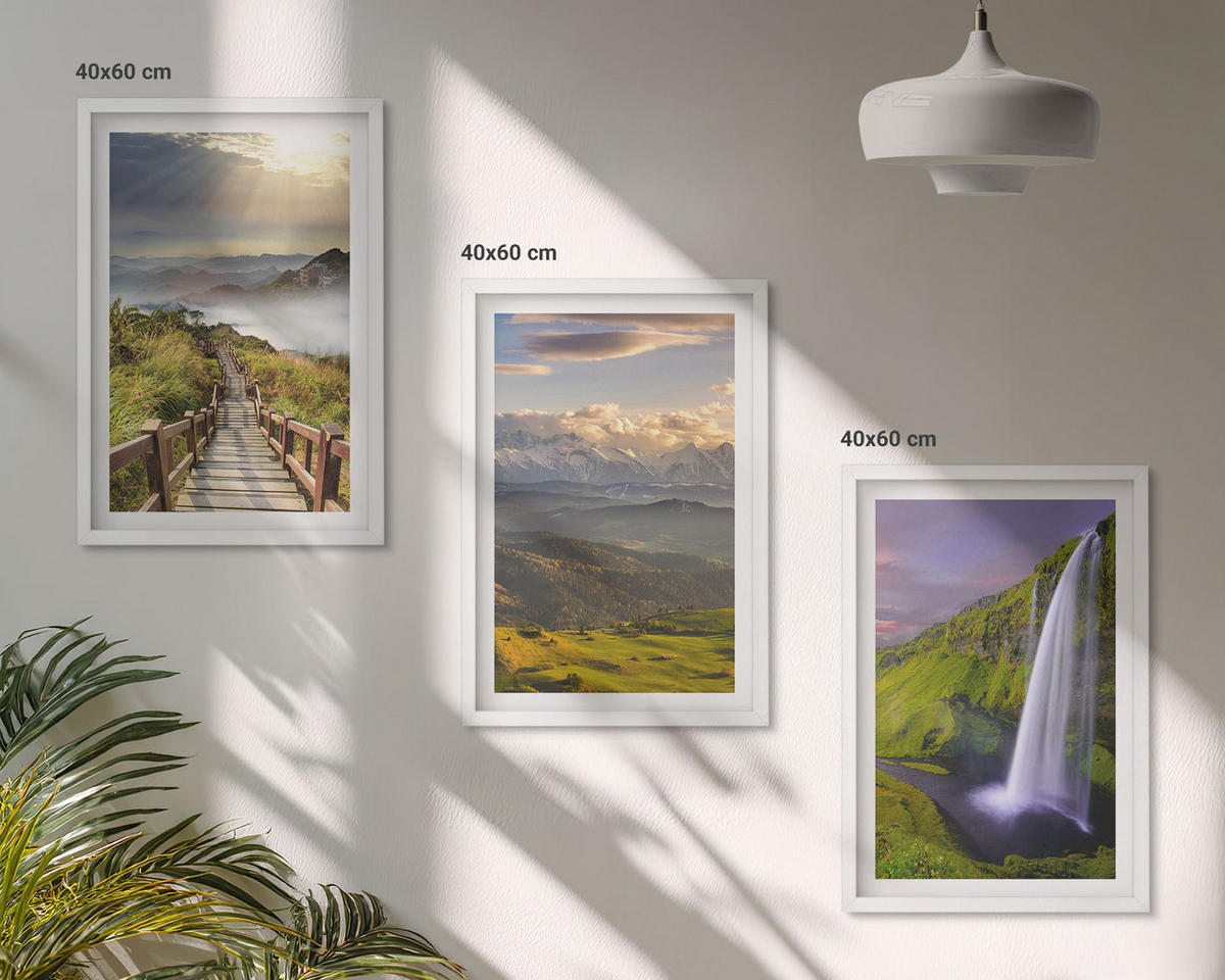 WANDBILDER 3er-Set - 40x60 cm Weißer Rahmen - Berglandschaften Wasserfall - Weiß, Kunststoff (40/60cm) - ArtPrintCave