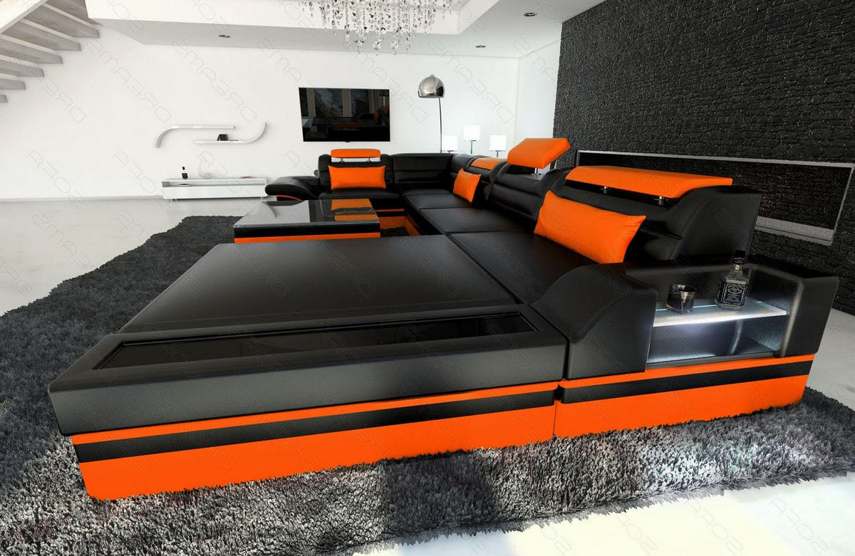SOFA Mezzo U Schwarz Orange Echtleder - Schwarz, Leder (372/78/214cm)