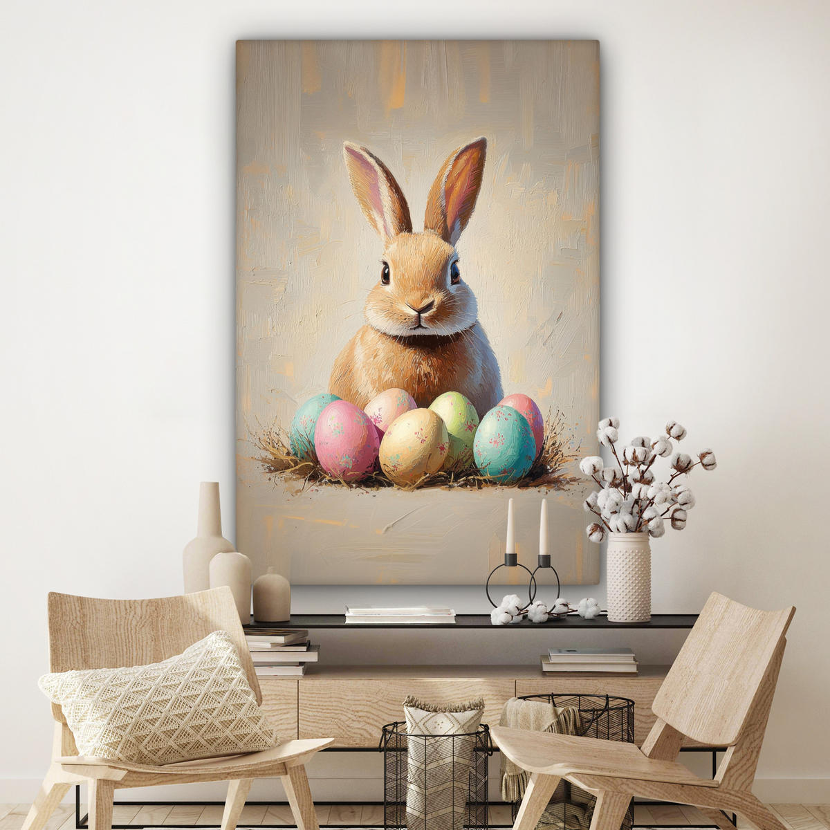 SLIKA NA PLATNU Velikonočni zajček 90x140 cm - bež, tekstil (90/140cm) - MuchoWow
