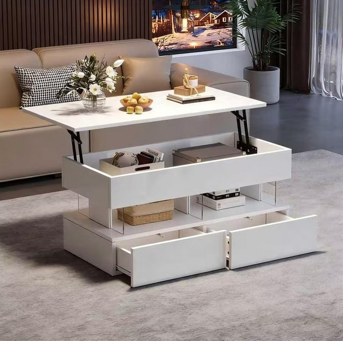 COUCHTISCH höhenverstellbar 100 x 50 x 46 cm Weiß mit 2 Schubladen und LED - Weiß, Wellpappe (100/50/46cm) - Meubliv
