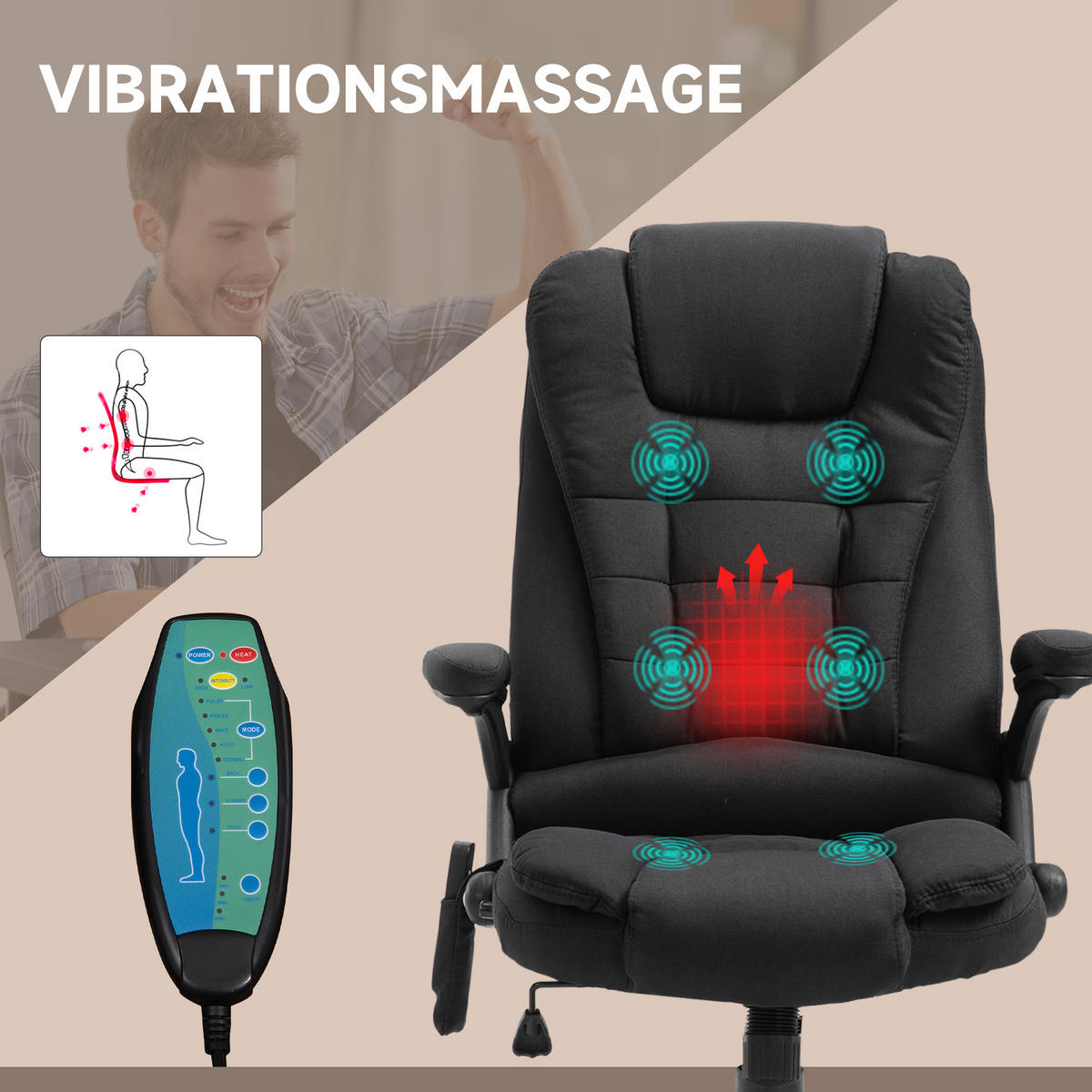 CHEFSESSEL DE-05080 Massage, Heizung & Liegefunktion mit Seitentasche Schwarz - Schwarz, Metall (74/116/67cm) - ComfortXL
