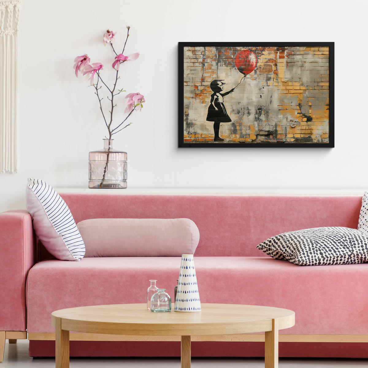 POSTER MIT RAHMENGERAHMTES BILD Graffiti - Banksy - Mädchen - Straßenkunst 60x40 cm - Sandfarben, Papier (60/40cm) - MuchoWow