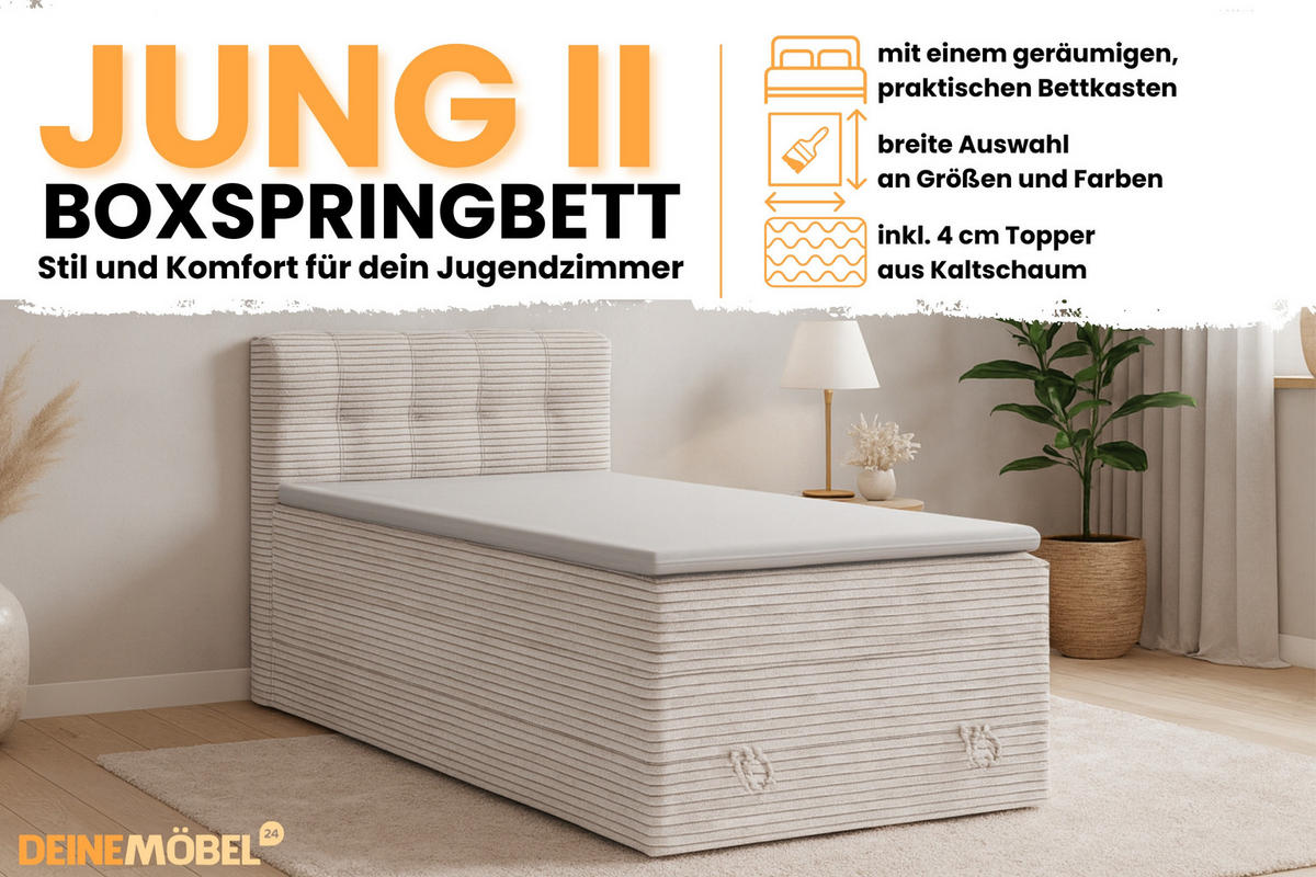 BOXSPRINGBETT JUNG 2 100/200 Cord Ecru mit Matratzen H3 + H4 - Ecru, Holz/Holzwerkstoff (100/200cm) - Deine Möbel 24