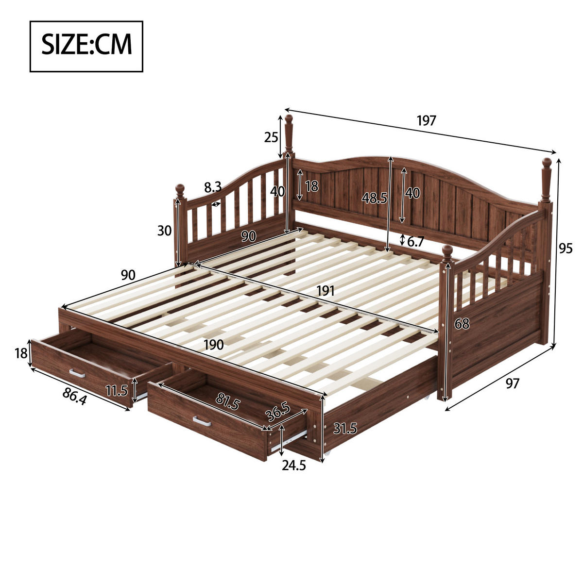 MULTIFUNKTIONSBETT 90/190 cm naturfarben aus Holz mit Ausziehfunktion und Schubladen - Naturfarben, Holzwerkstoff (90/190cm) - OKWISH