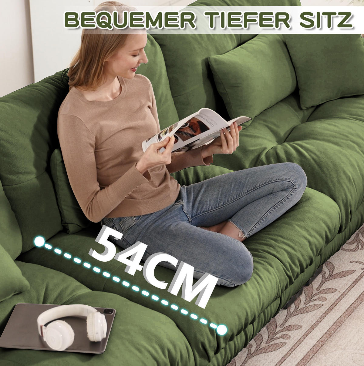 SOFA modular Chenille Green mit 2 Lendenkissen und 2 Dekokissen - Grün, Kunststoff (77/81/220cm) - Meubliv