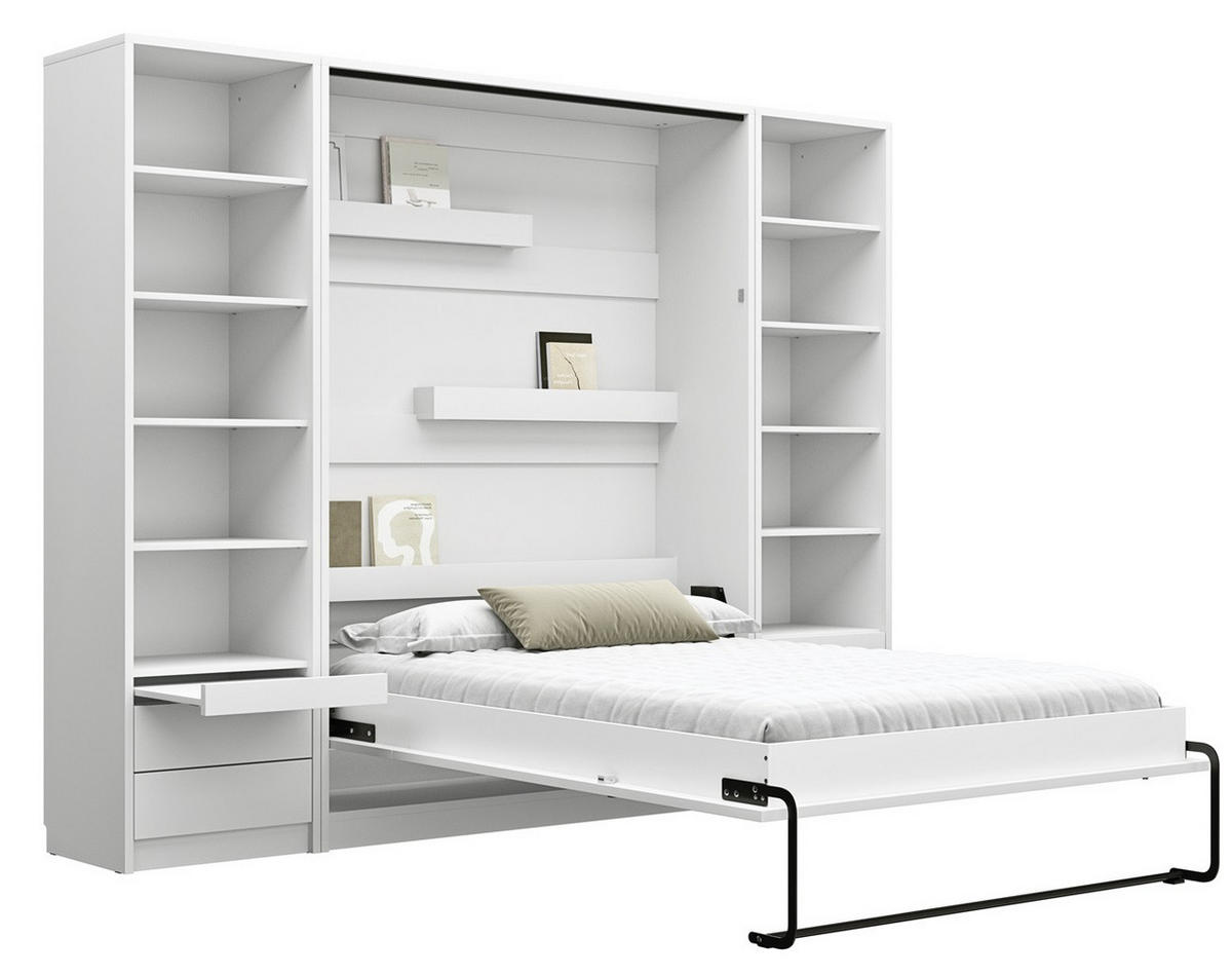 SCHRANKBETT vertikal GN140x200 mit Schreibtisch, LED und 2 Regalen - 3-teilig - Weiß - Weiß, Holzwerkstoff (140/200cm) - QMM TraumMöbel