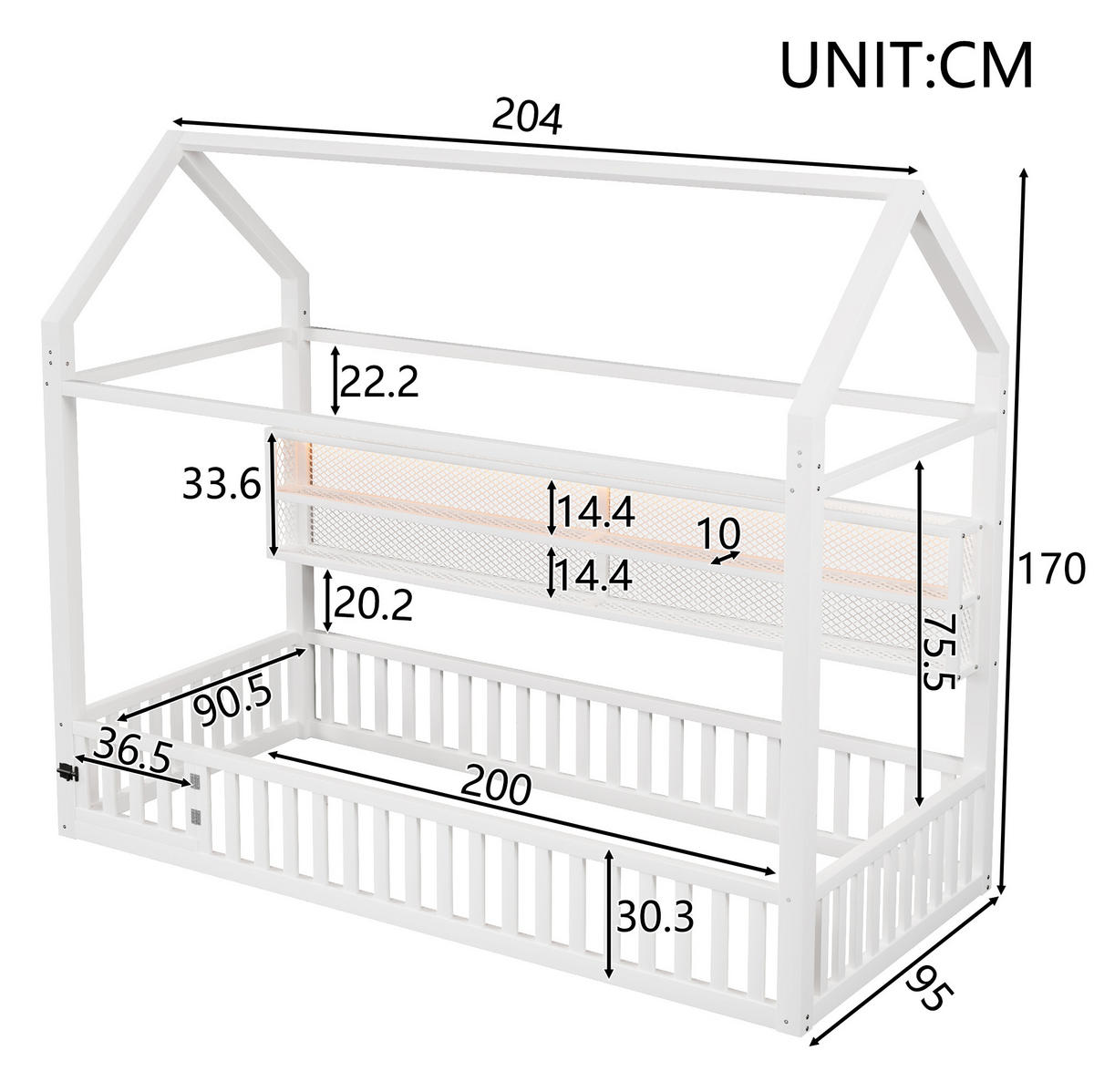 KINDERBETT 90/200 cm mit Sicherheitszaun und LED-Beleuchtung im Hausdesign, Weiß - Weiß, Metall (90/200cm) - Redom