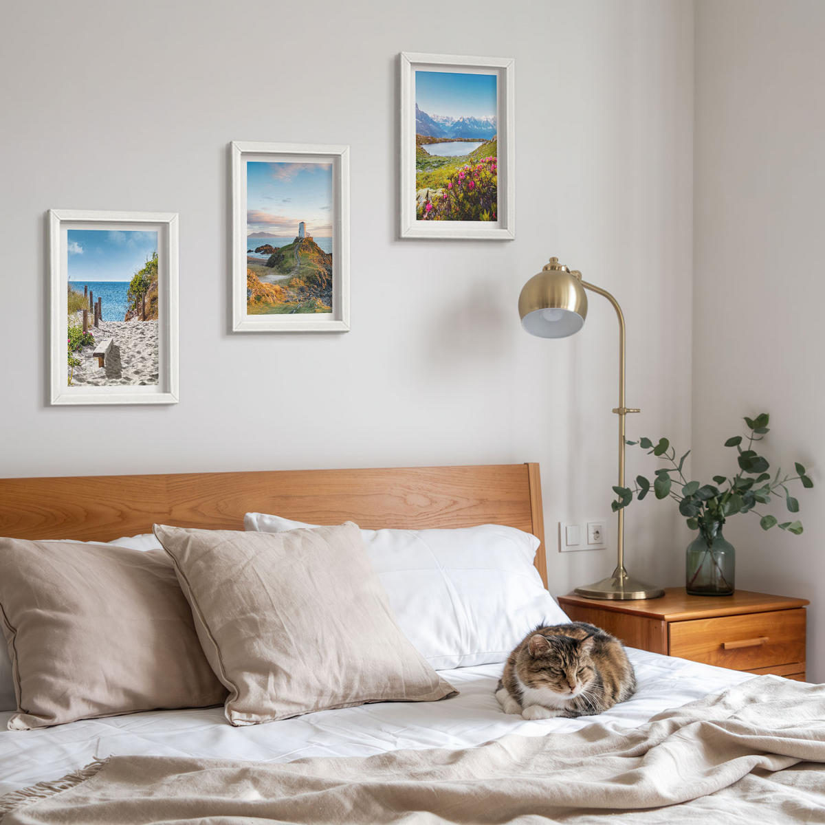 WANDBILDER 3er-Set - 20x30 cm Weißer Rahmen - Strand, Leuchtturm, Berge, Blumen - Weiß, Kunststoff (20/30cm) - ArtPrintCave