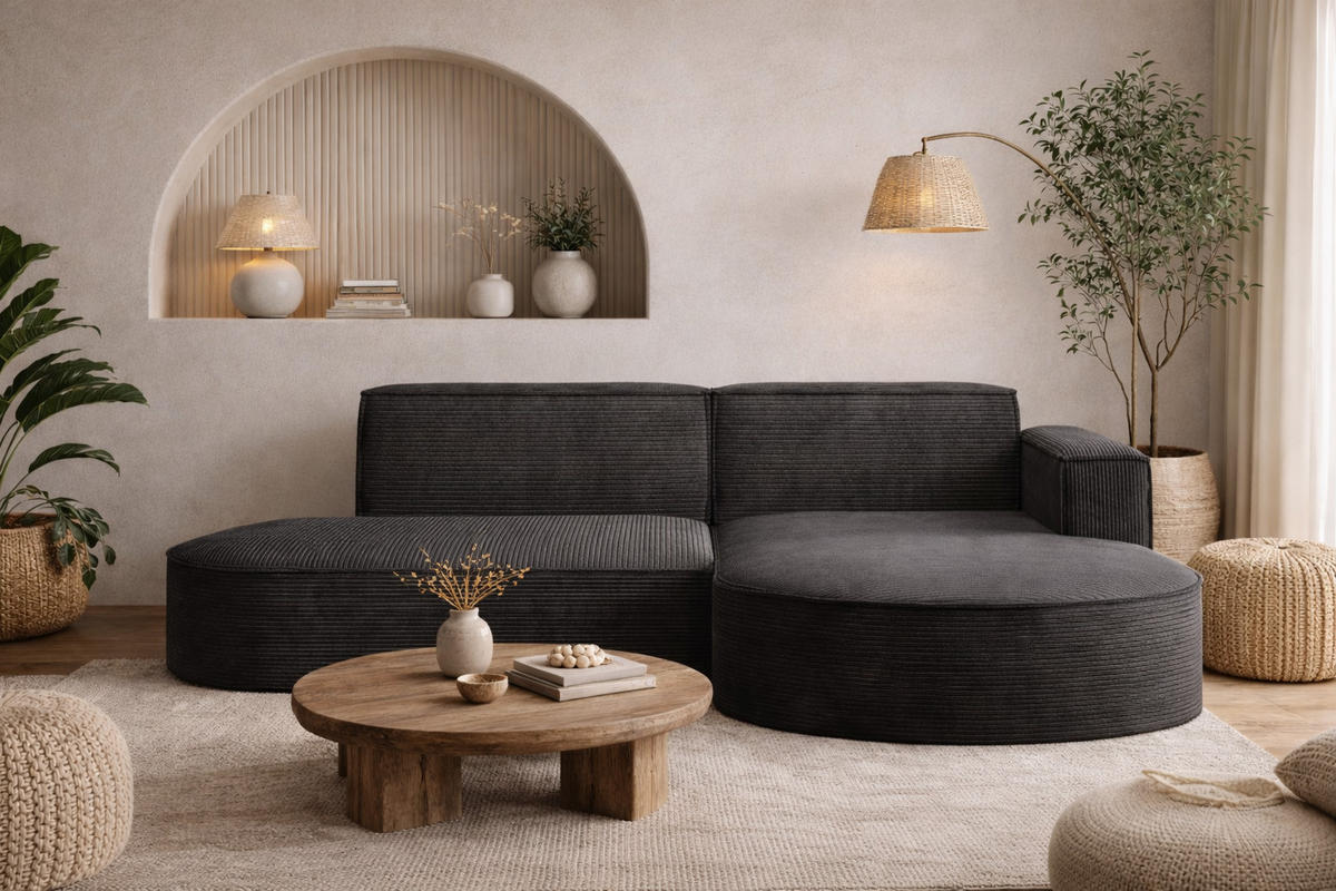 ECKSOFA Designer MODENA STUDIO, Cordstoff Poso, Dunkelgrau, Rechts - Dunkelgrau, Holzwerkstoff/Textil (236/165cm) - Kaiser Möbel