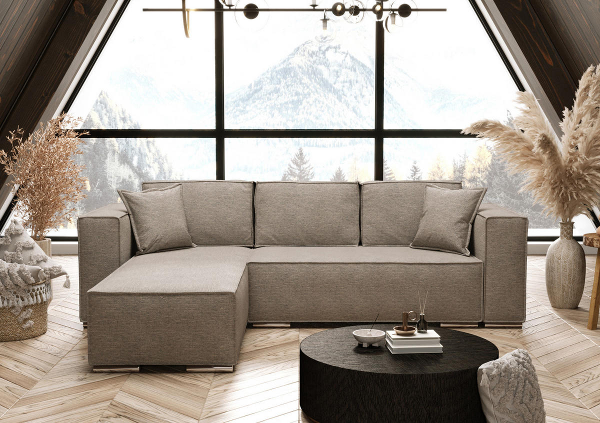 ECKSOFA L Form Vinoria Beige 255/180/82 cm Links mit Schlaffunktion - Chromfarben/Beige, Textil/Metall (180/255cm) - AX Living