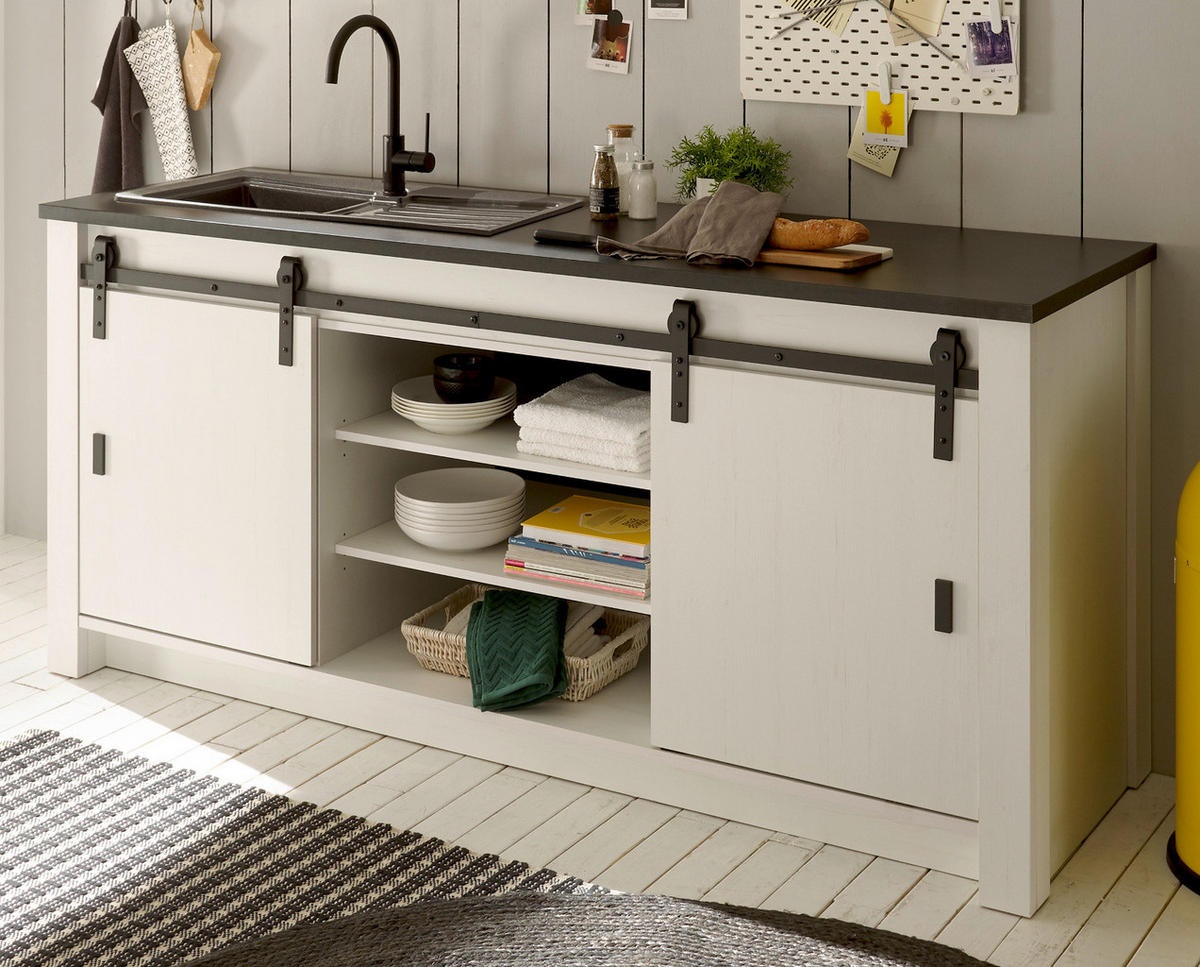 KÜCHENZEILE weiß Pinie, anthrazit Landhaus, Küchenschrank Set 5-teilig mit viel Stauraum - Anthrazit/Schwarz, Glas/Holzwerkstoff (284/201/64cm) - Furn.Design