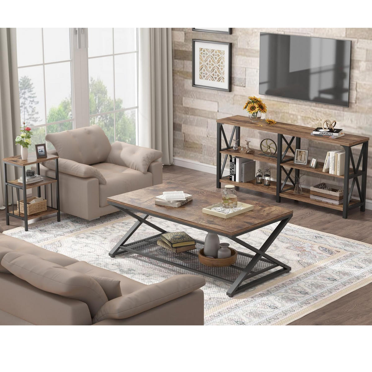 COUCHTISCH Holz Metall Industrial mit Ablage 120 x 60 x 45 cm - Wildeiche, Holzwerkstoff/Metall (60/120/45cm) - Quality Elegance