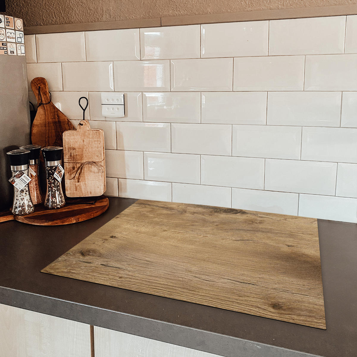 HERDABDECKPLATTE Holz - Braun - Holzoptik Herdabdeckung Induktionsfeld 65x52 cm - Eichefarben, Kunststoff (65/52/0.2cm) - MuchoWow